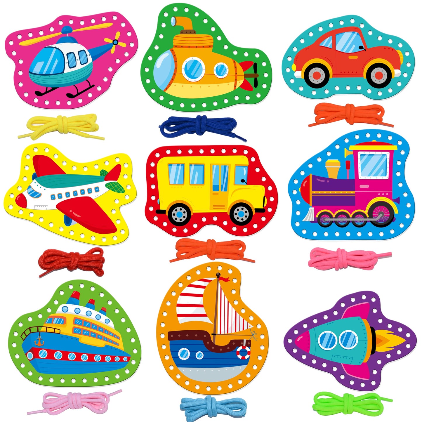 SpriteGru 9 Pieces Kids Lacing Cards, Double Sided Vehicle Sewing Cards with 9 Colorful Laces, Imagination Development Lacing Toys Games for Children Educational and Learning Activity