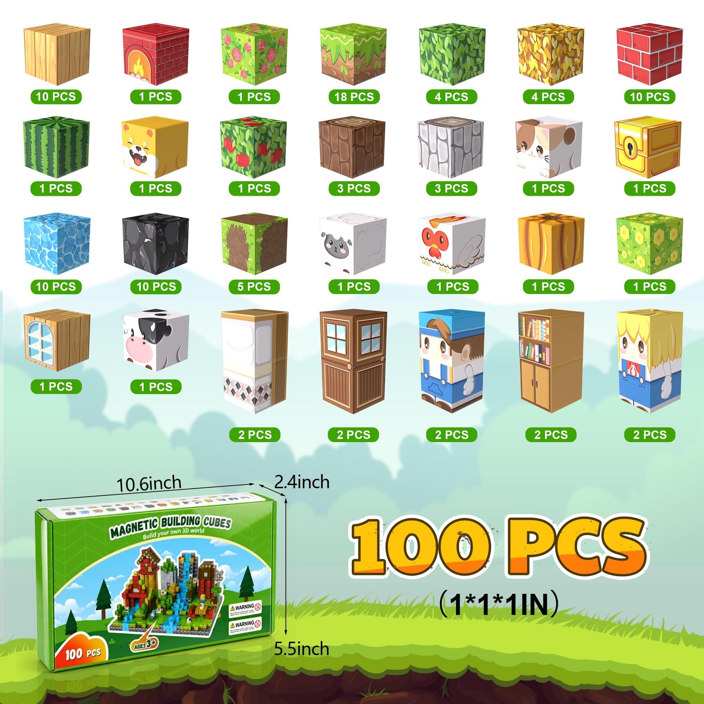 Fitrobust 100PCS Magnetic Blocks, Magnetic Building Blocks, 0.98in Magnetic Building, STEM Game Stacking Toys for Kids, Birthday Gifts for Boys and Girls Age 3+ Years Old
