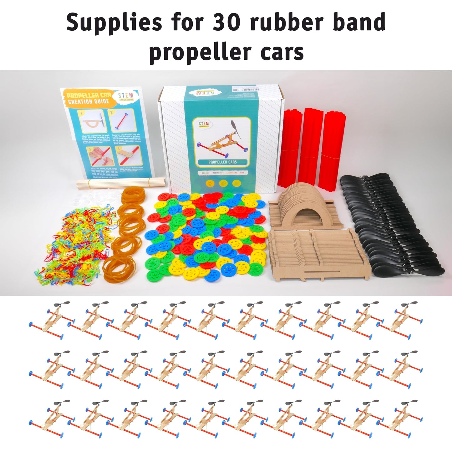 Rubber Band Propeller Car Kit, 30-Pack – Build 30 Rubber Band Propeller Cars, Complete STEM Engineering Project Kit for Classrooms, Ages 8+