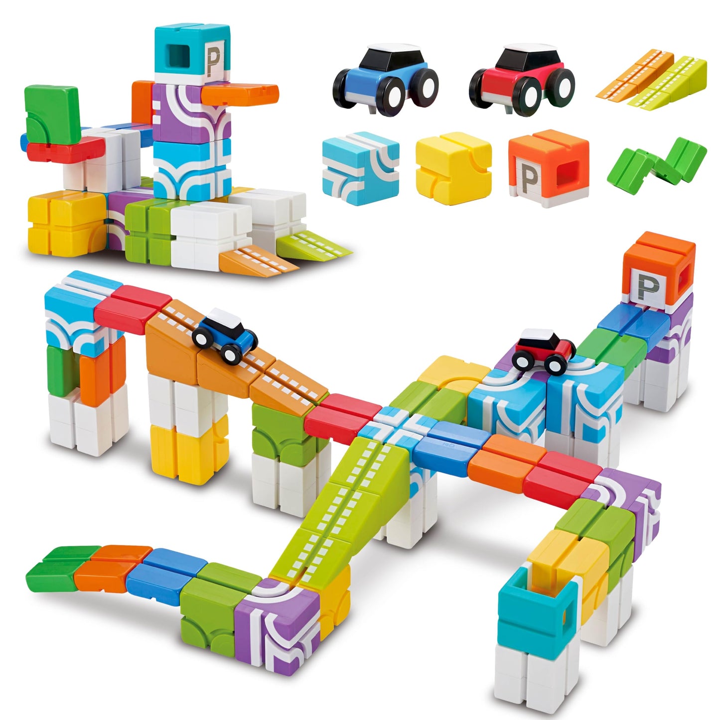 QBI Magnetic Building Blocks Car Track Set, STEM Building Toys for Kids Ages 4-8, Magnetic Cubes with 2 Push-and-Go Cars, Ramps & Track Plates, Montessori Birthday Gift (46PCS)