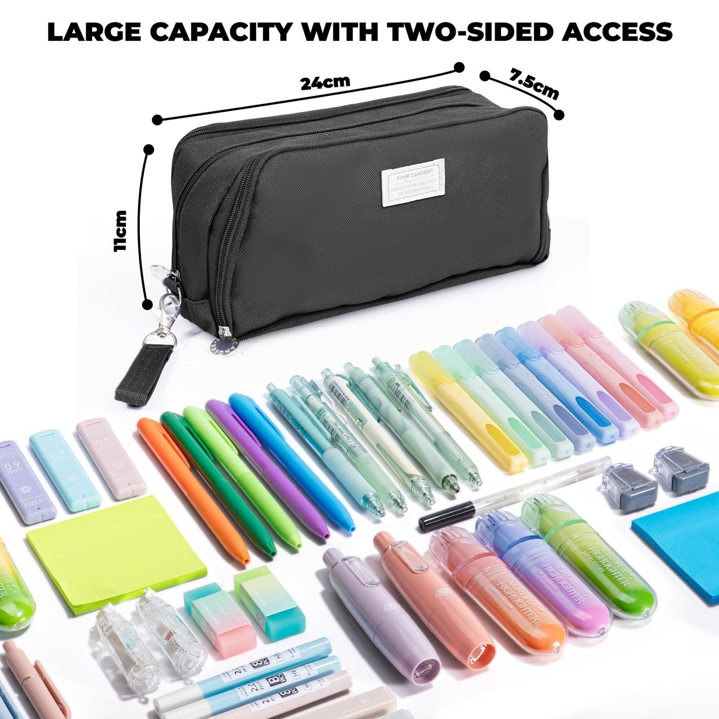 Four Candies Black Pencil Case 3 Compartment Pouch, Large Pencil Pouch for School, Girls, Teen Boys, Women, Black, Removable Handle & Zipper, Cute Pencil Bag for Office, College