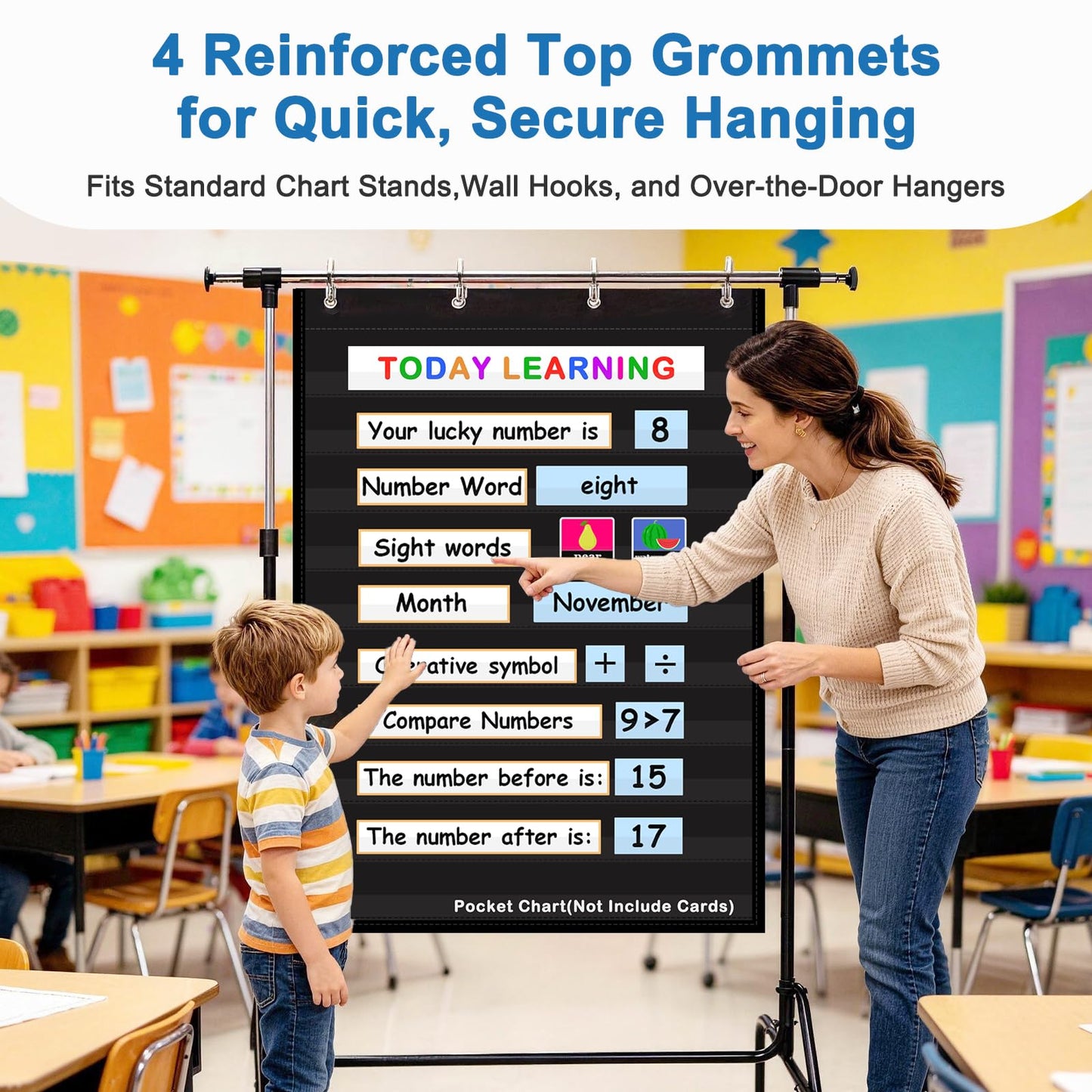 AUVCAS Pocket Chart for Classroom & Homeschool,10 Clear Pocket Hanging Organizer for Sentence Strips,Word Walls & Calendar Display,Holds All Standard Cards,Heavy Duty 43" x 28" - Black