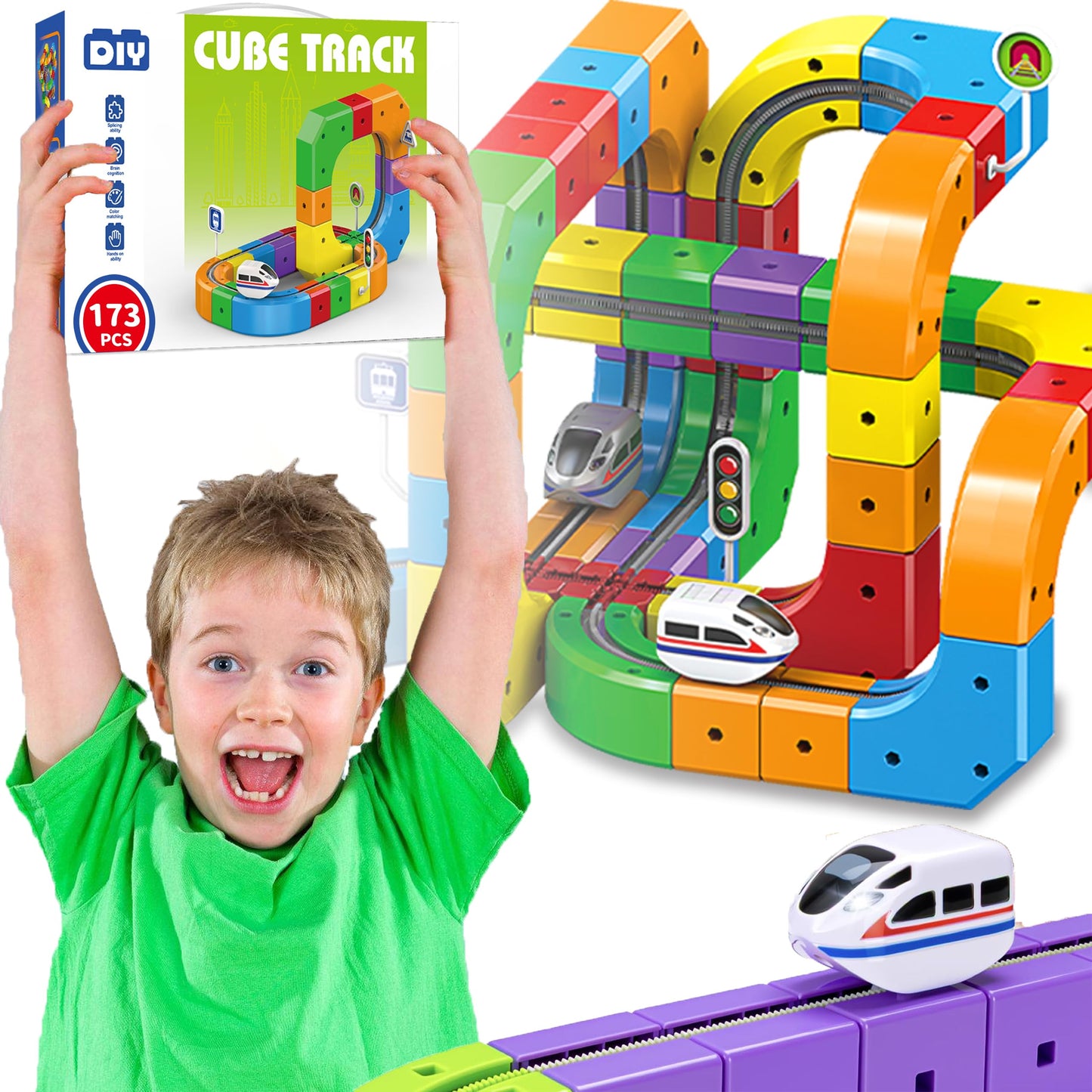 Electric Train Set for Kids 173 PCS, 3D Gravity-Defying Flexible Track with Motorized Train & Accessories, DIY STEM Building Toy with Traffic Signs, Gift for Boys Girls Ages 3-8