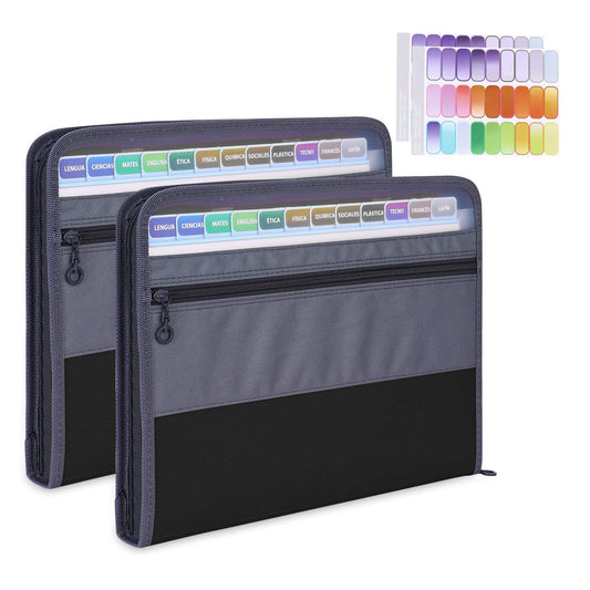 MEGREZ Expanding File Folder with 13 Pockets, 2 Pack A4 Paper File Folder with Zipper Color Labels, Waterproof Accordion File Folder Organizer for Home Office, Black(2 Pack)