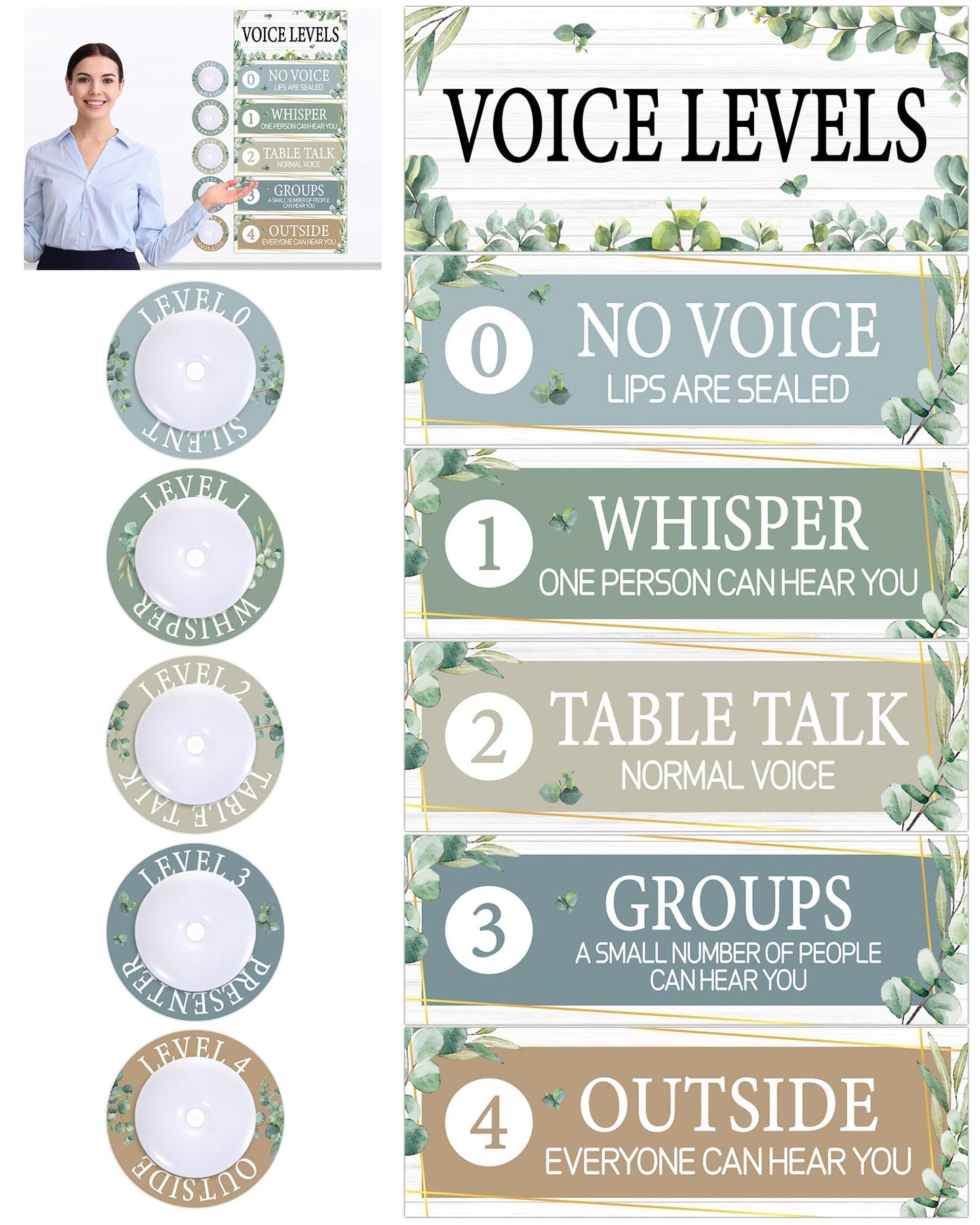 5 Pcs School Push Light and Voice Level Poster Voice Level Chart Monitor Rules Sign LED Tap Light Classroom Rules Poster Noise Chart Classroom Management Tools for Teachers（Eucalyptus Style）