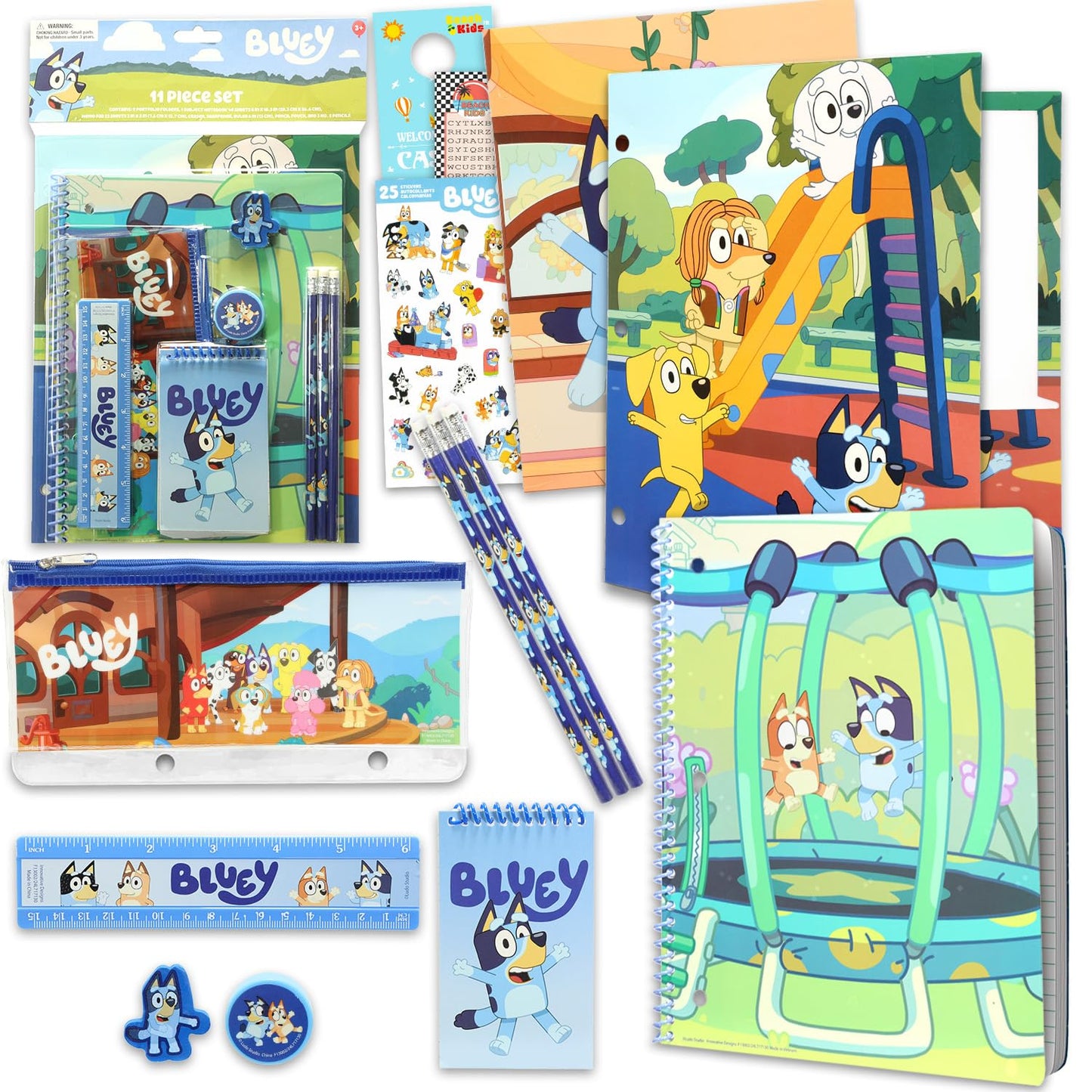 Bluey School Supplies for Kids - 11 Pc Themed School Supplies Bundle Includes Bingo Folders, Notebook, Notepad, Pencils, More Plus Stickers | Bluey Classroom Supplies