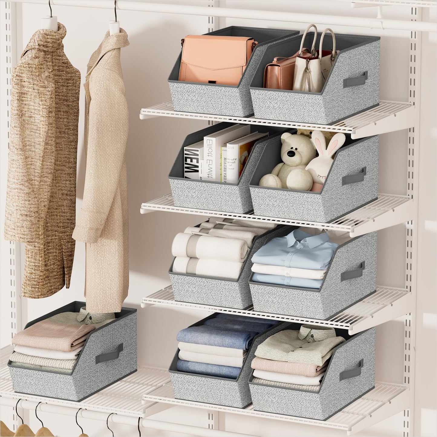 Homsorout Large Closet Storage Cubes - Closet Storage Bins with Dual Handles for Clothes, Towels, Toys, Shelf Organizer Bins for Bedroom, Nursery, Shelves, Small Spaces, Ant Light Gray, 4 Pack