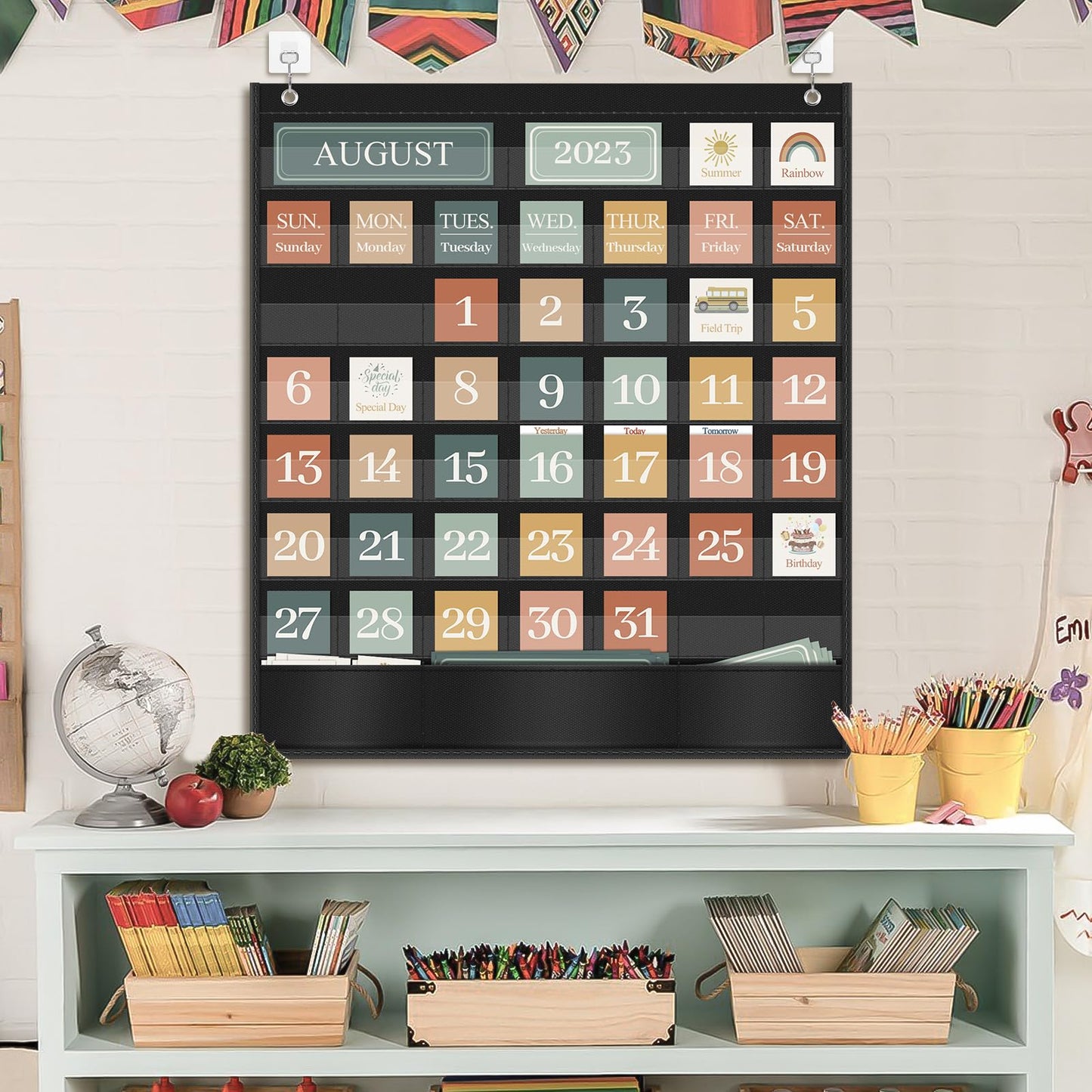 Godery Boho Calendar Pocket Chart for Classroom Cards Add-On School Supplies Teacher Decorations Bulletin Board Pre-K To 6th Grade, Black-2