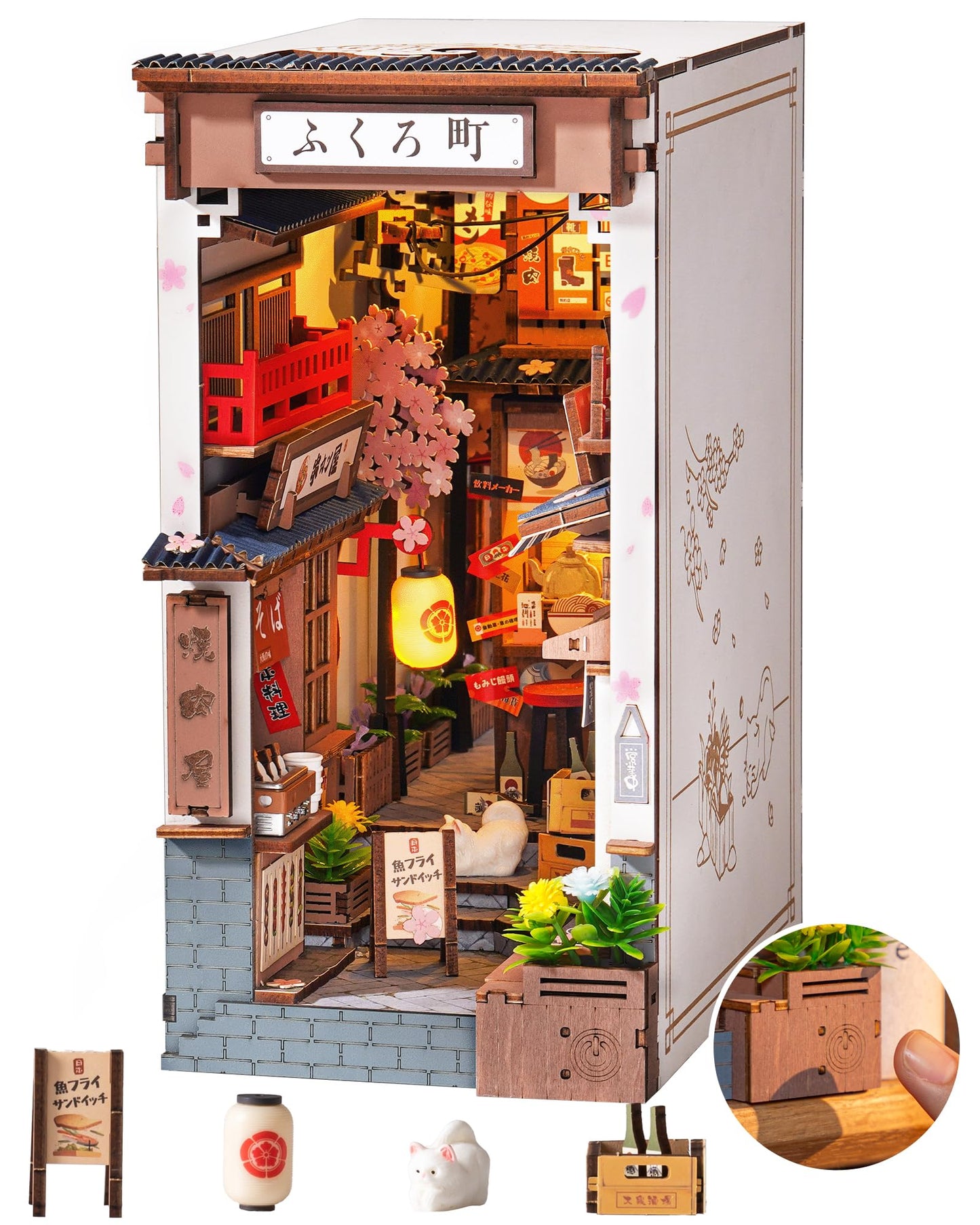 ROBOTIME Japanese Book Nook Kits, DIY Miniature House Kit for Adults 3D Wooden Puzzle, Bookends Bookshelf Diorama Creative Decorative Crafts Kits Unique Gifts for Teens & Beginners (Sakura Wine Alley)