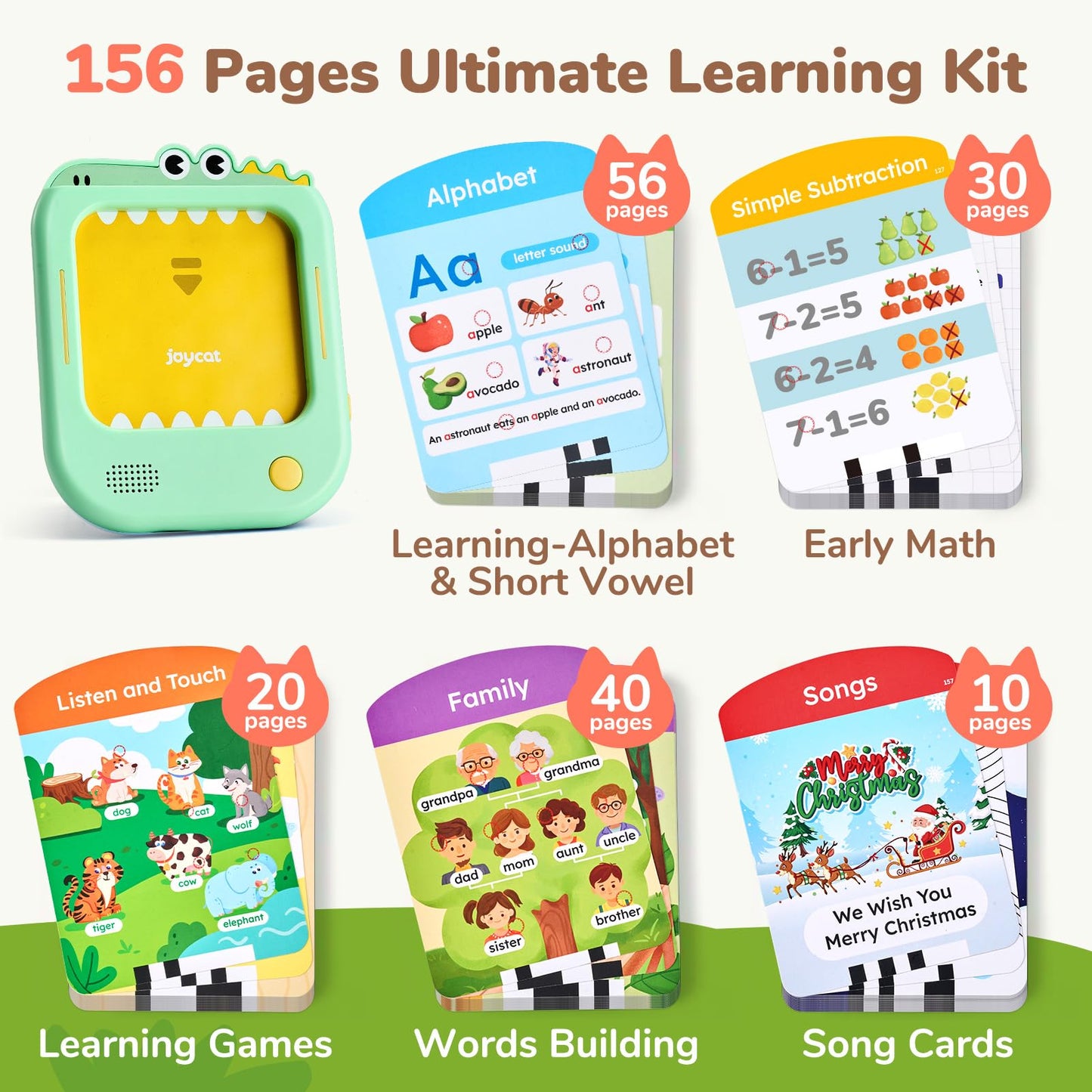 JoyCat Kids Learning Tablet, Learn to Read with 156 Pages, 600+ Words, 40+ Themes, 100+ Interactive Games, Phonics Talking Flash Cards, Screen-Free Toddler Learning Toys Gifts for 2-6 Year Old