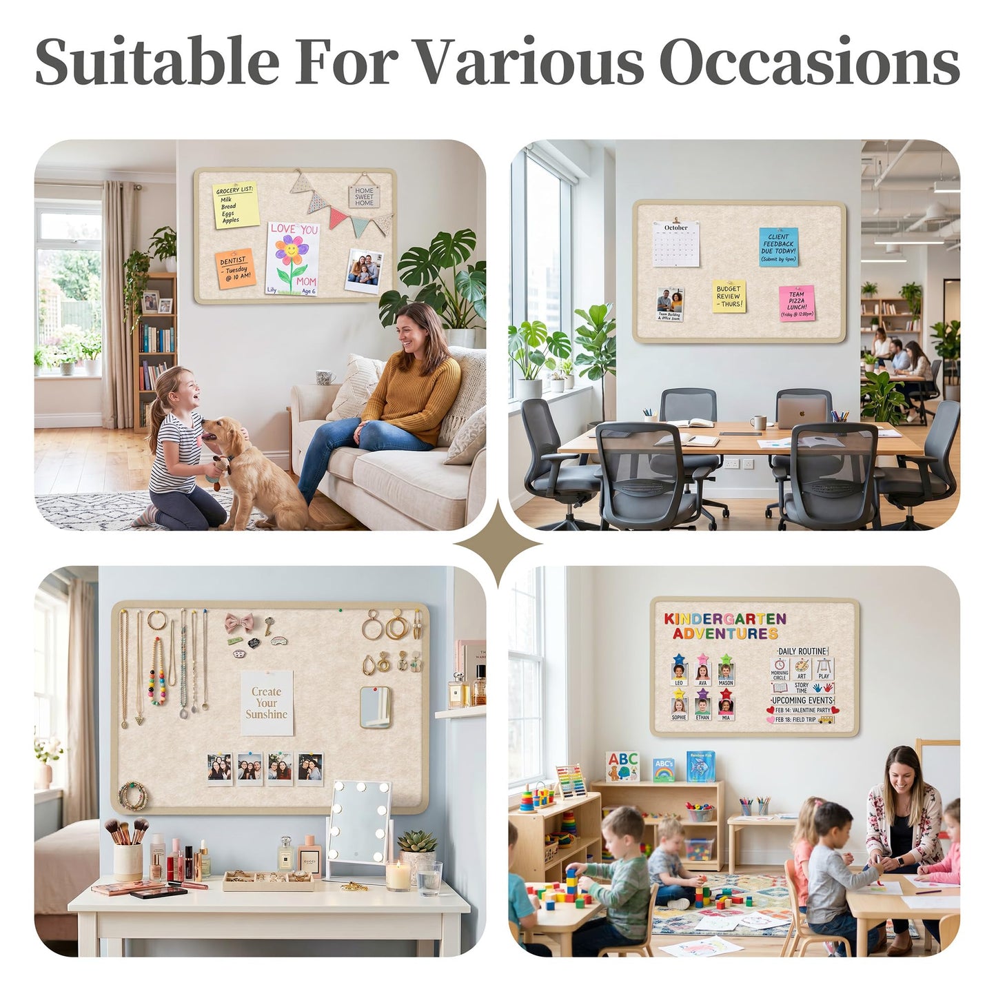 KERRAM Bulletin Board, 48 x 36 inches Decorative Felt Board Foldable Photo Board Pin Boards, Cork Board Alternative for Walls, Office, Home, Classroom with Pushpins ＆ Small Storage Bag, Beige