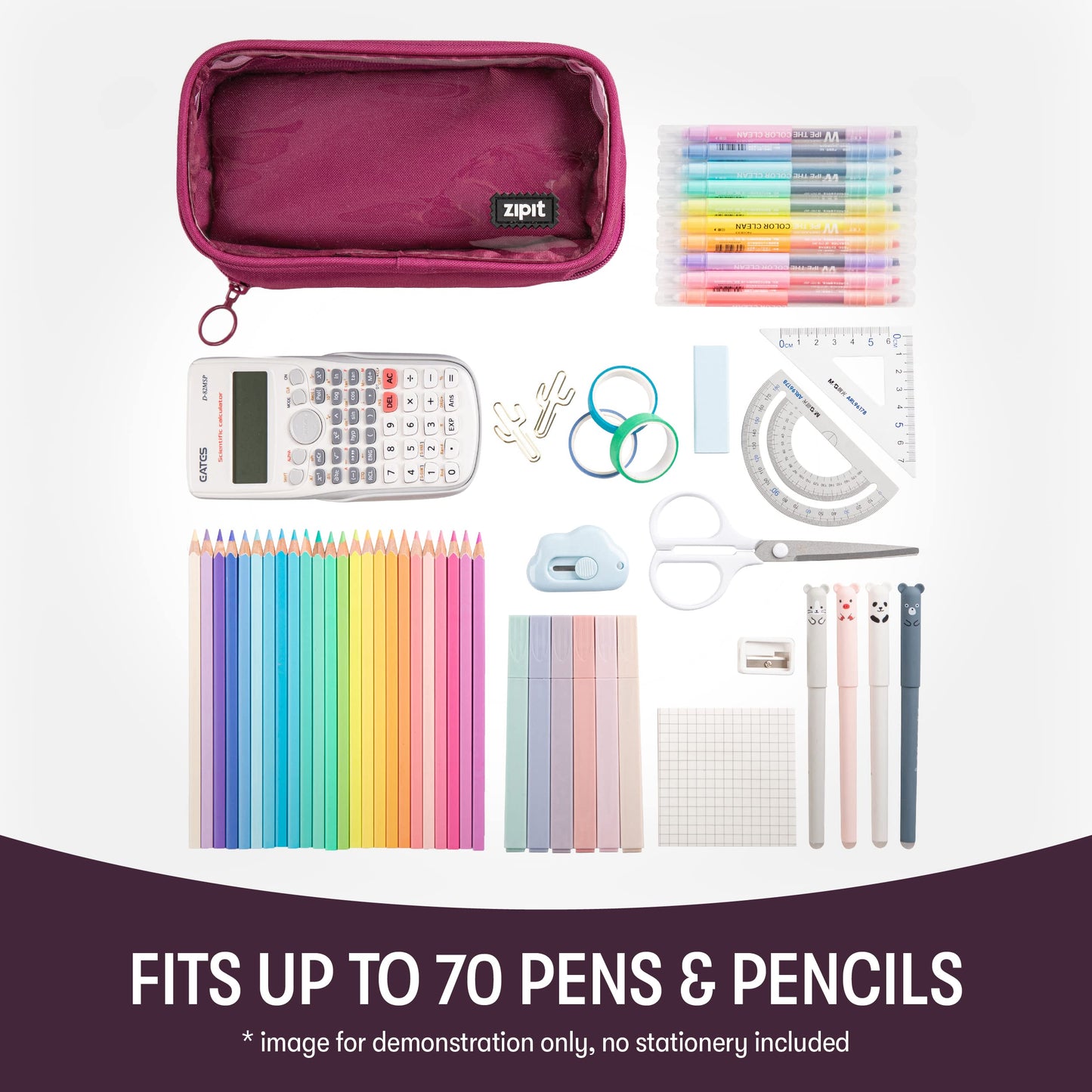 ZIPIT Half & Half Pencil Case for Girls, 3 Compartment Zipper Pouch for School, Stationery Bag for Teen and Adults, Pink
