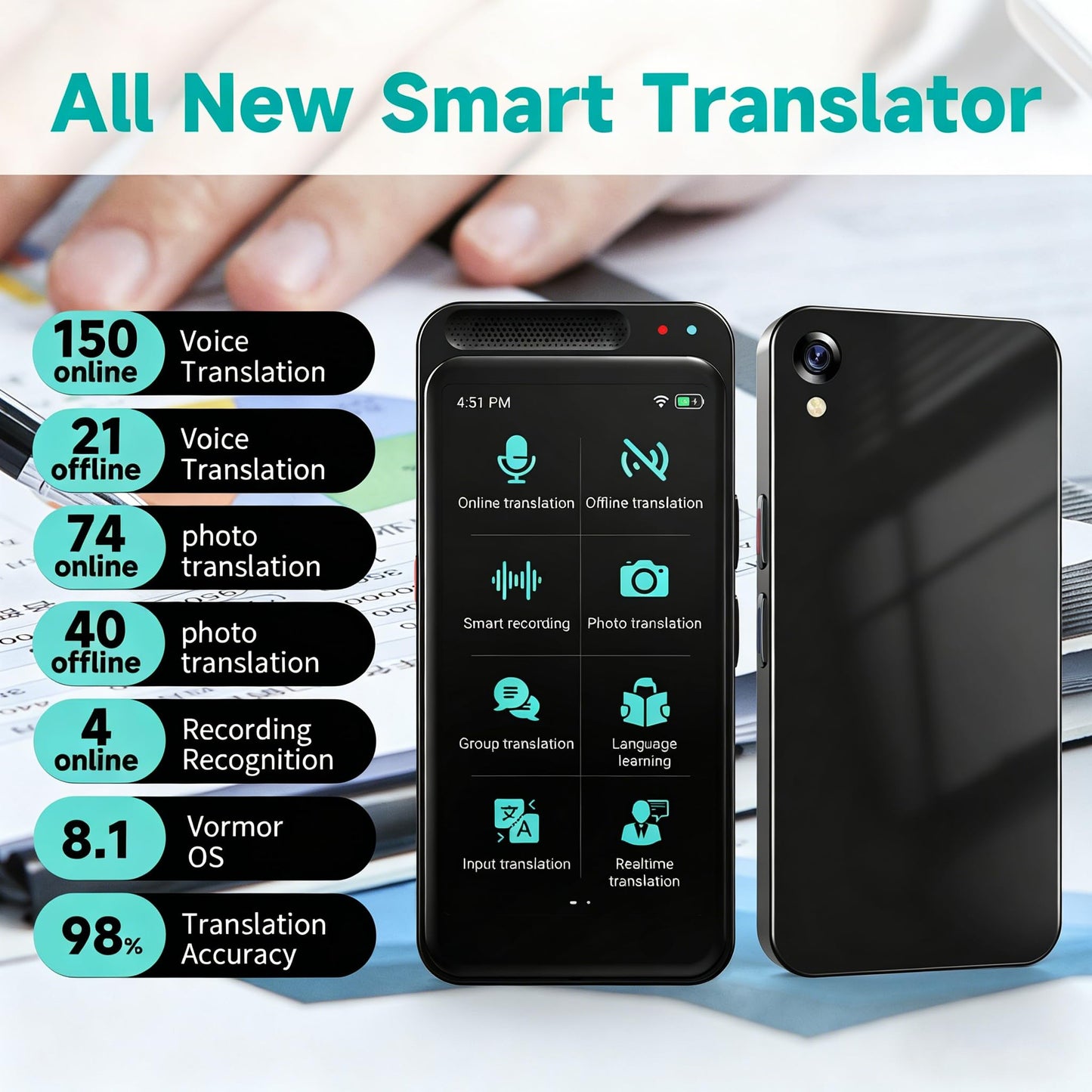Language Translator Device No WiFi Needed, Tradutor de Idiomas, Upgrade AI Translator Support ChatGPT, Real Time Voice Translation with 150+ Languages, Offline/Photo Translation for Business, Learning