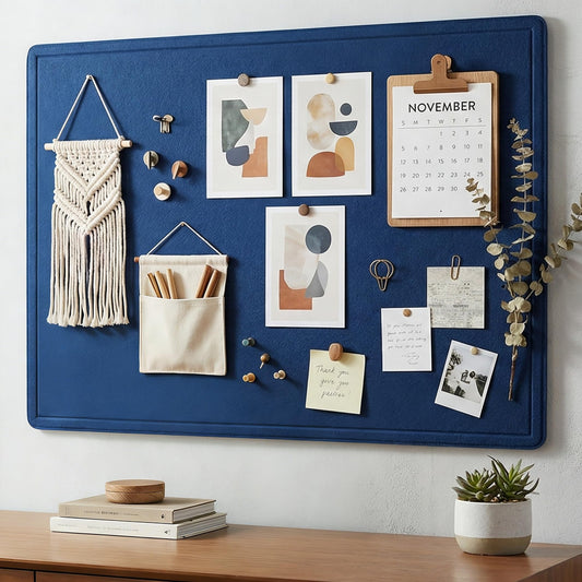 AKTOP Bulletin Board, 24" x 16" Foldable Felt Notice Pin Board for Wall, Decorative CorkBoard Photo Display Board with Self-Adhesive Tape, Vision Board Cork Board Alternative with 25 Pushpins - Blue