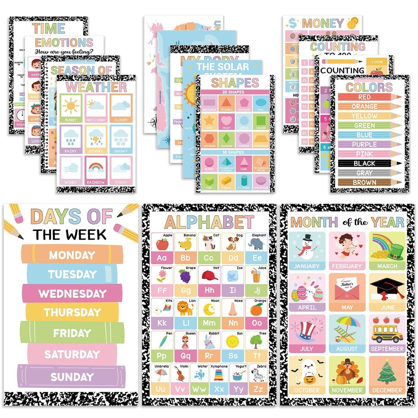 16 Pcs 16”x24” Large Educational Posters for Classroom Decor-Educational Poster for Toddlers 1-3 Learning Poster for Boys Girls Ages 3-5,Kindergarten Preschool Classroom Teacher Must Haves Composition
