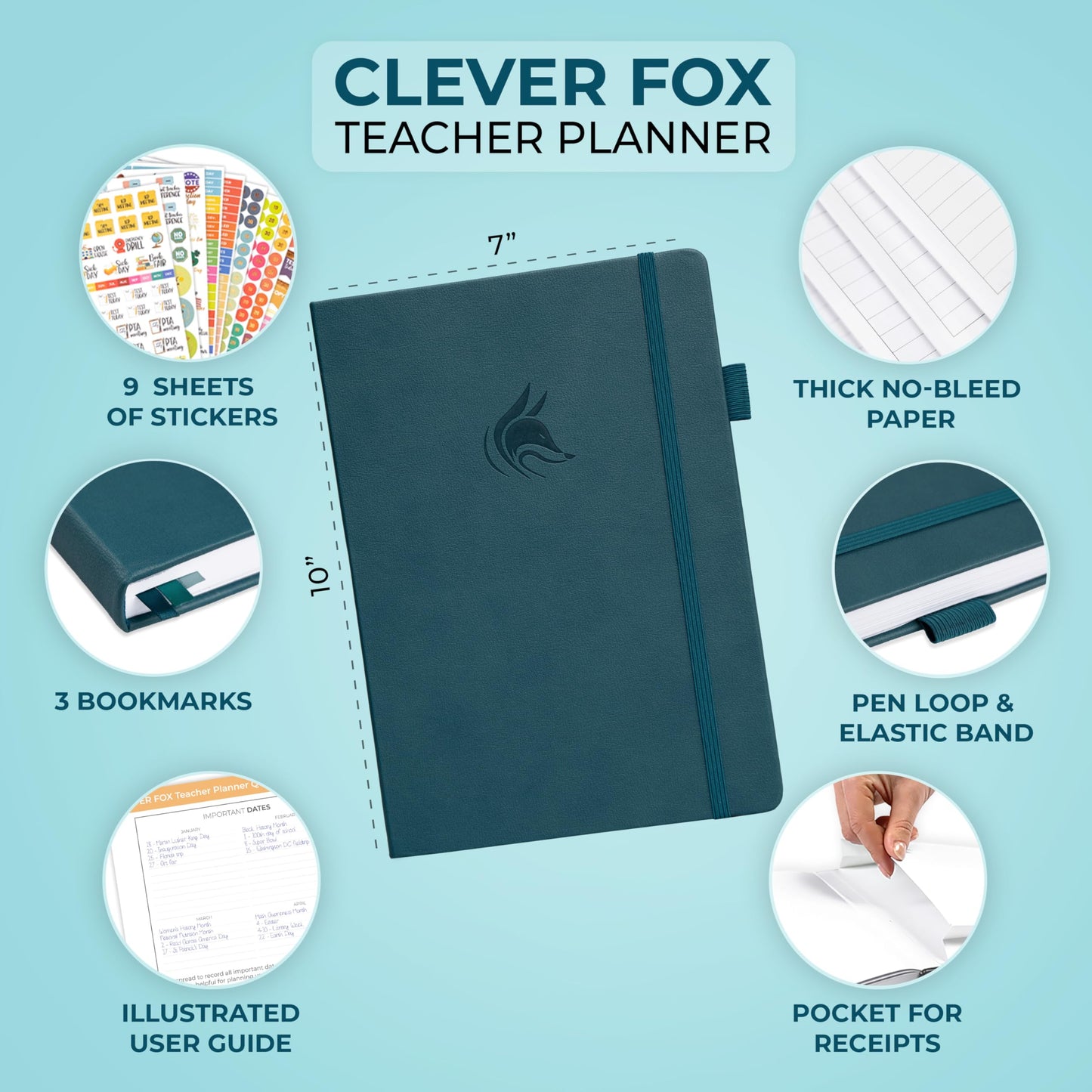 Clever Fox Teacher Planner – School Year Planner with Calendars & Lesson Plans – Teacher Plan Book for Classroom & Homeschool Organization - Undated, 7x10″, Hardcover (Dark Teal)