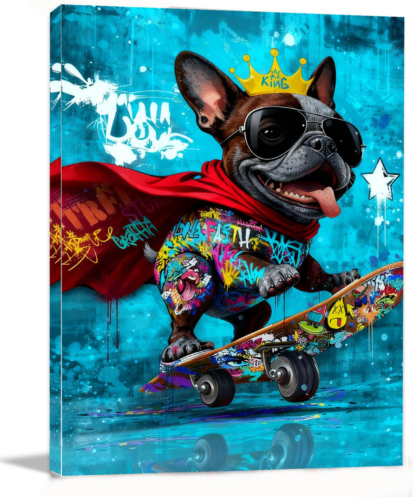 16x24 Graffiti Blue Skateboard Bulldog Canvas Wall Art Gallery Framed Poster Cartoon Dog Watercolor Painting Child Animals Bedroom Pictures Funny Pop Home Decor Teen Boy Kids Room Bathroom Prints
