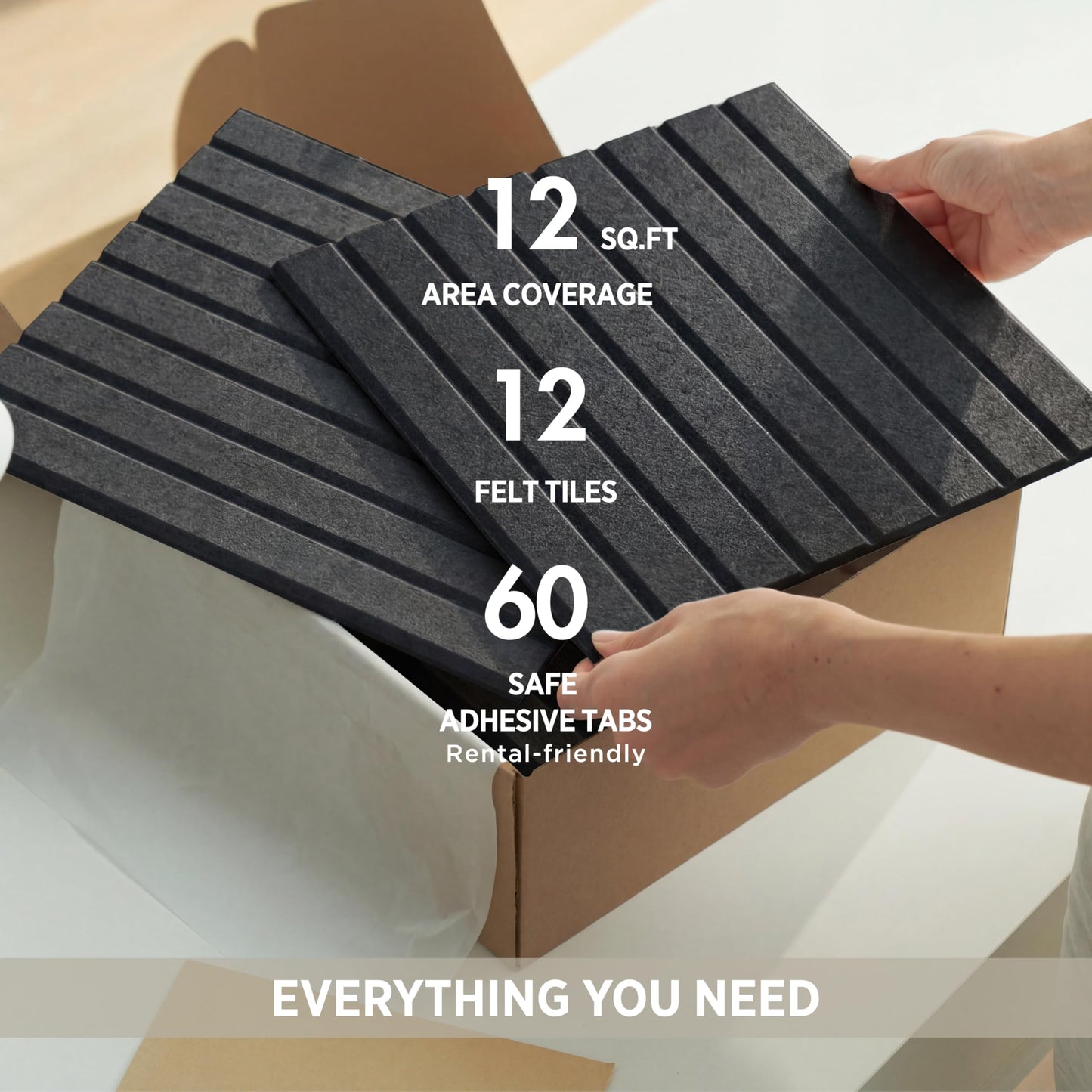 VIVELDA Felt Bulletin Board Tiles 48"x36" - 12-Pack Cork Board Alternative, Oeko-TEX Certified, NRC 0.95 Acoustic Wall Panels, Damage-Free Adhesive, Slatted Design, Home Office & Classroom (Black)