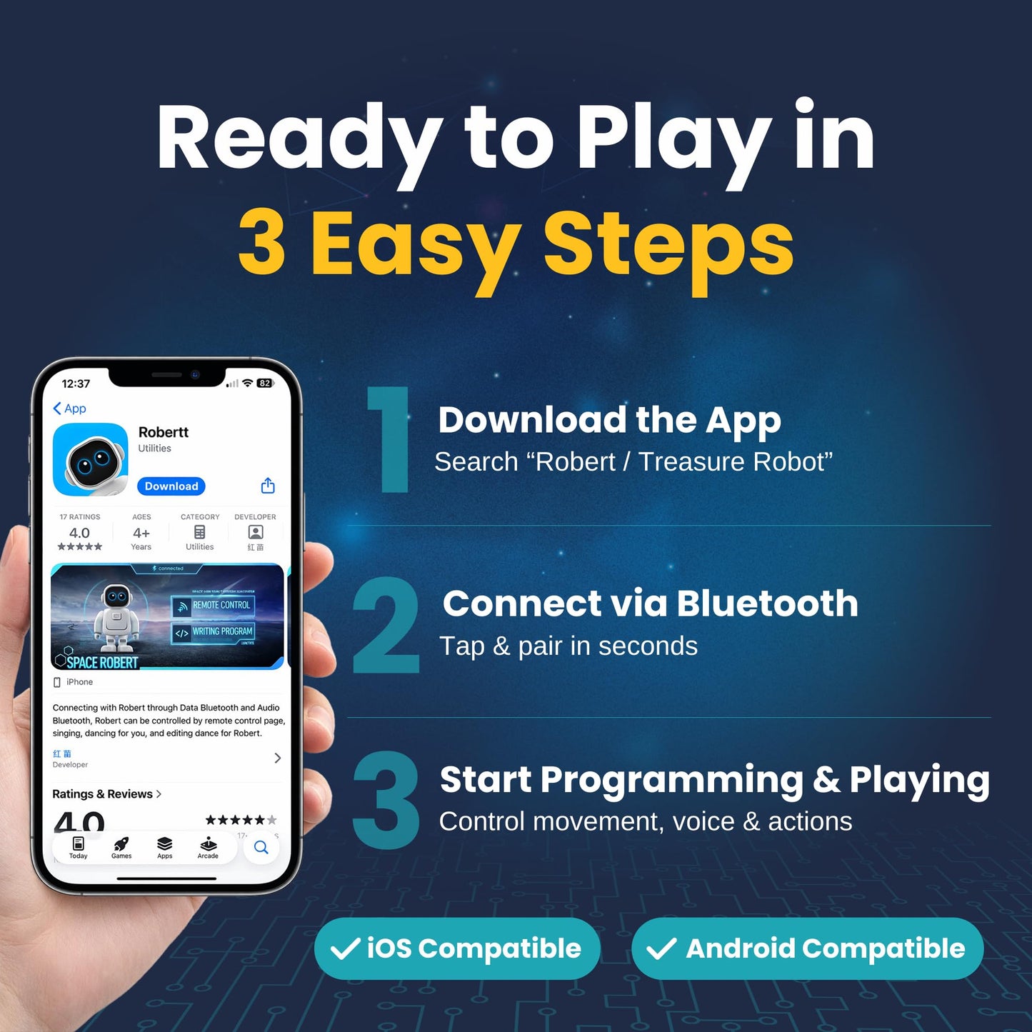 SmartyBot Smart Robot Toy for Kids - Interactive Remote Control Robot with App, Programmable Moves, 7 Customizable LED Eye Colors, Reacts to Music, STEM Learning Toy for Boys & Girls Ages 4 5 6 7 8 9