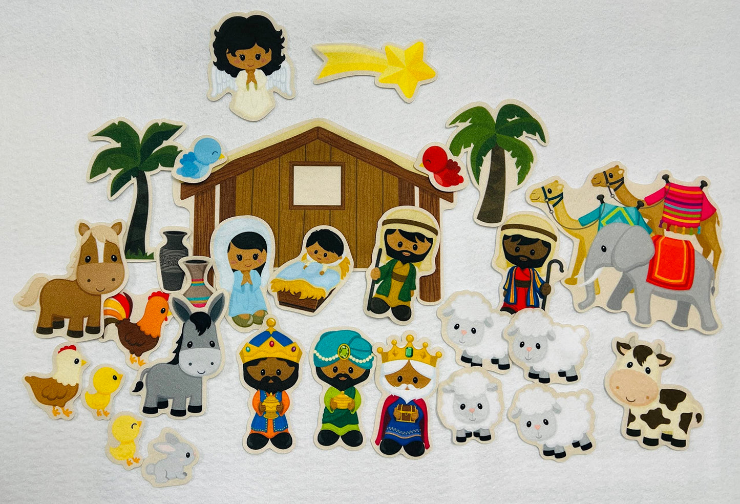 Story Time Felts Nativity Set Birth of Baby Jesus Christ Felt Figure Flannel Board Set 29 Pieces Bible Dark Skinned People (Figures only (no Background))