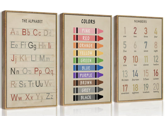 3Pcs Nursery Educational Wall Art Preschool Education Letter Number Poster Painting Pictures Wall Decor Canvas Prints artwork for Classroom Baby Boy's Baby Girl's Room Home Decoration Unframed