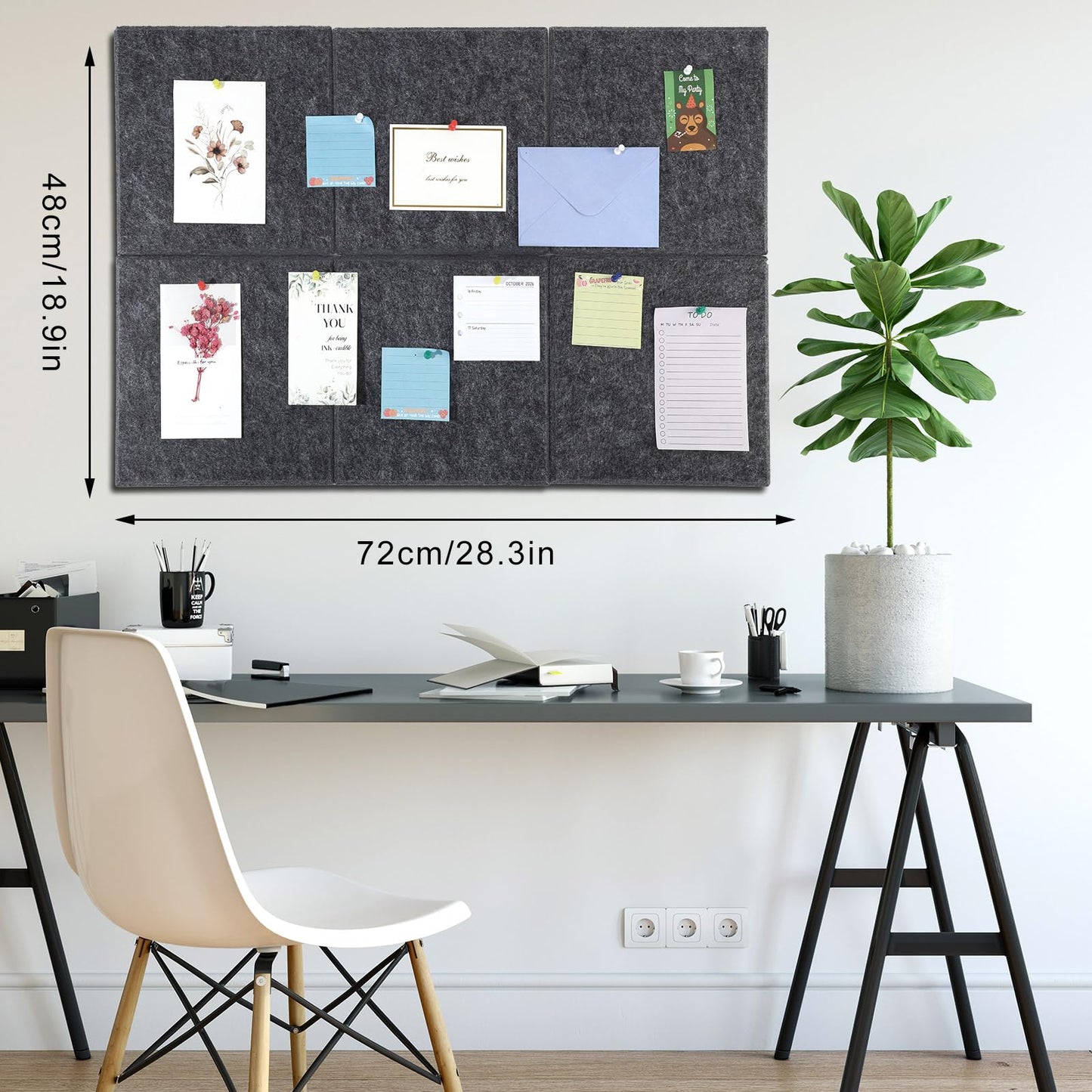 Large Cork Board 28" x 19", 6 Pack Felt Bulletin Board with Pushpins, Cork Boards Alternative with Self-Adhesive Strips, Felt Wall Tiles Pin Boards for Walls Office Home School Decor-Dark Gray