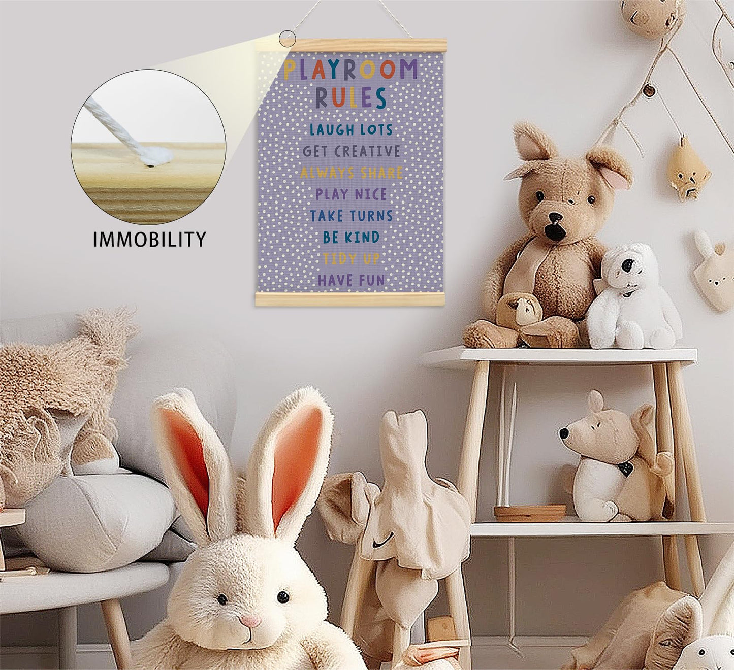 Playroom Kids Tollder Room Wall Decor, Play Room Rules Wall Decor for Kids Play Game Room Bedroom Nursery Home School Playroom Essentials, Canvas Hanging Banner Wood Poster Frameds(purple)