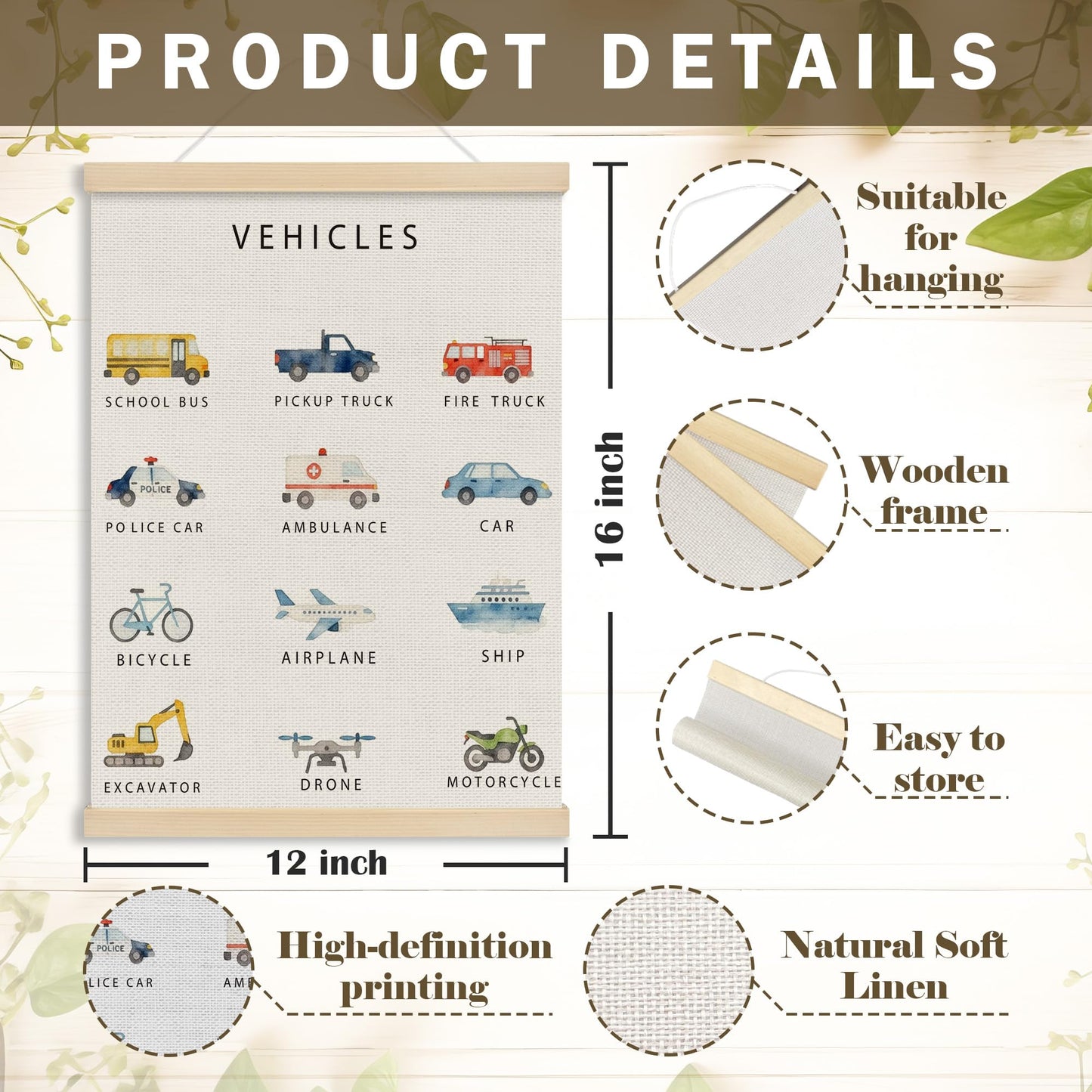 MOTERMATE Vehicle Classroom Poster Hanger Frame, Boy Nursery Wall Hanging Decor Art Framed for Toddler Kids Boys Room Bedroom Playroom Classroom, Transport Vehicle Wall Poster Prints, 12x16 Inch