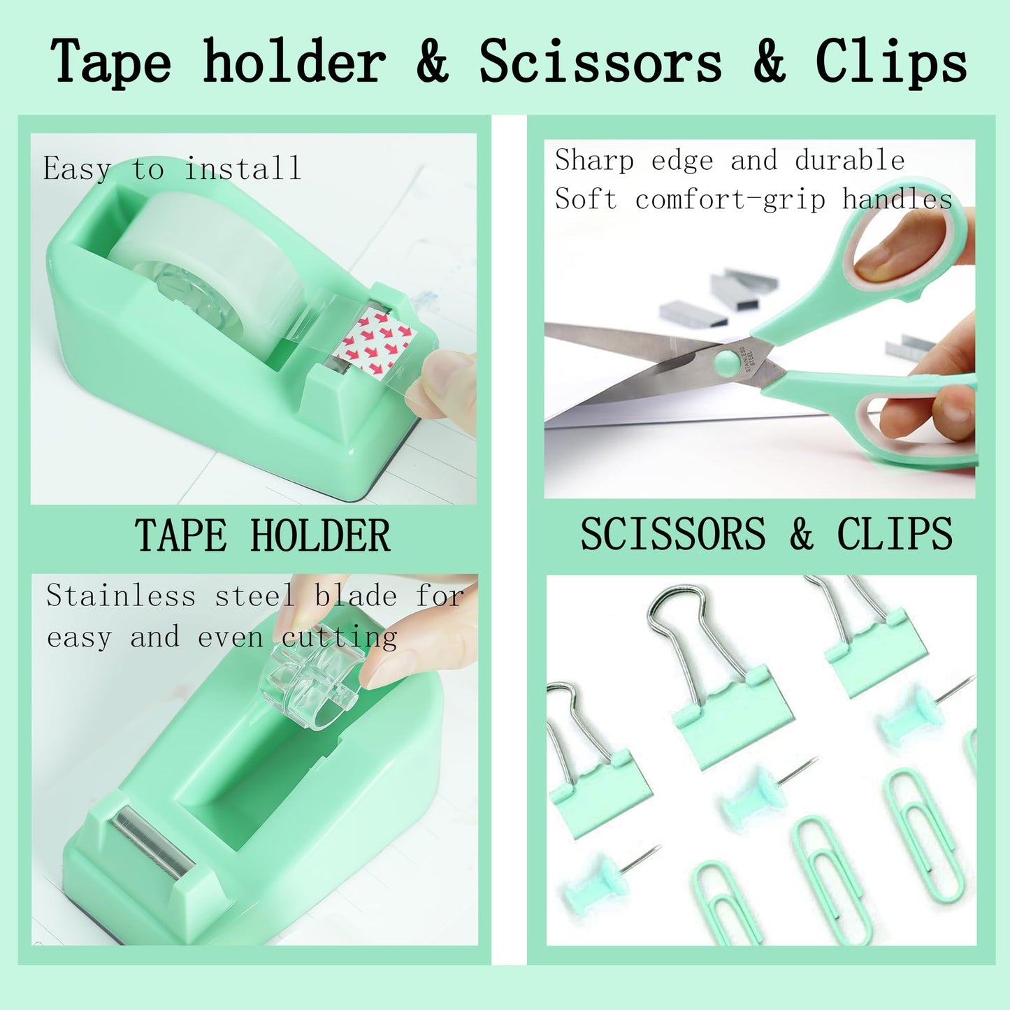 Dimonluce Green Office Supplies, Teal Desk Accessories Accessories with Tape Dispenser, Stapler, Staple Remover, 1000 Staples, Tape, Clips Set, Ruler, Scissor, Pen