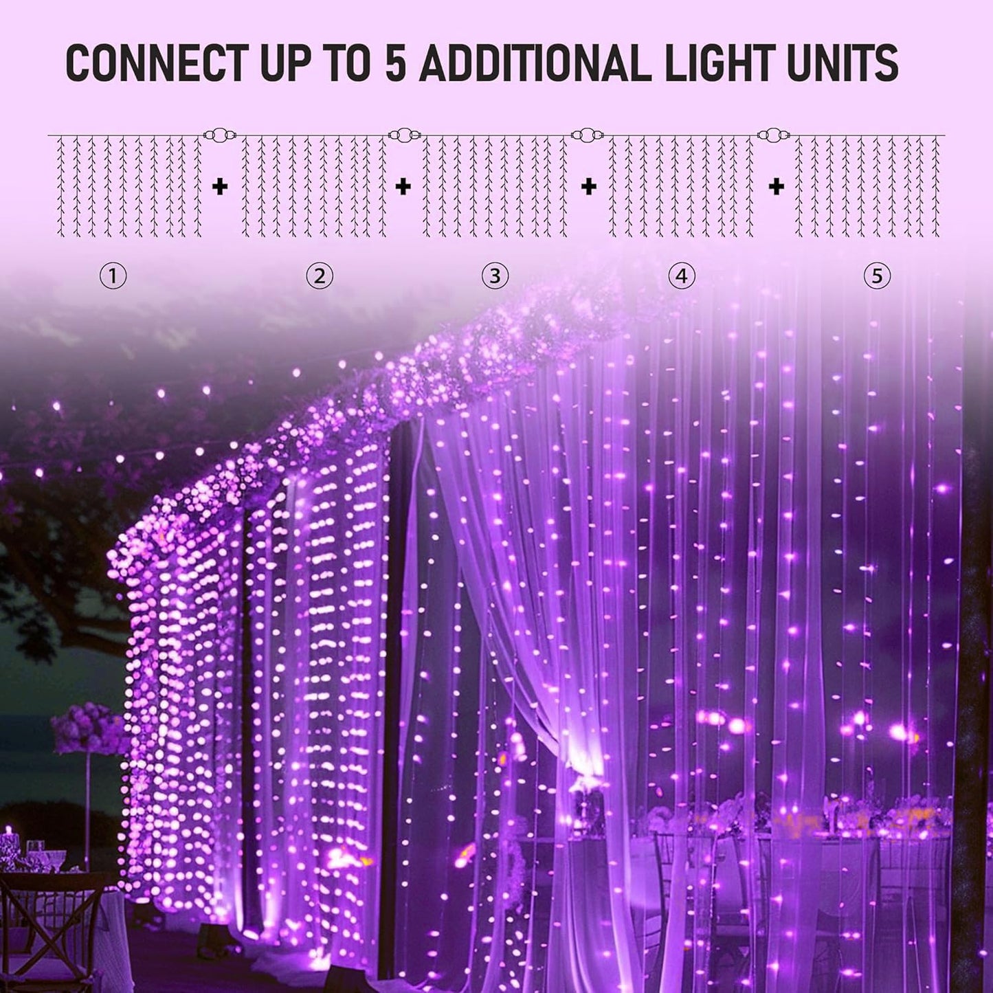 Dazzle Bright 300 LED Christmas Curtain String Lights, 8 Modes, Waterproof, Purple, Model CL-300CC