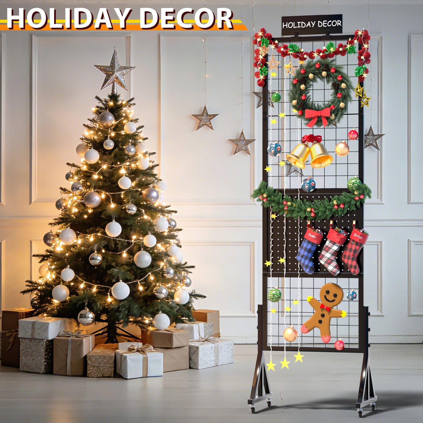 Alyoen Grid Wall Panels, Gridwall Panel Display Stand with Notice Board, Movable 5.1 x 1.4 Ft Floorstanding Wire Grid Rack, Sturdy Retail Display Racks for Vendor Events, Art Craft Shows