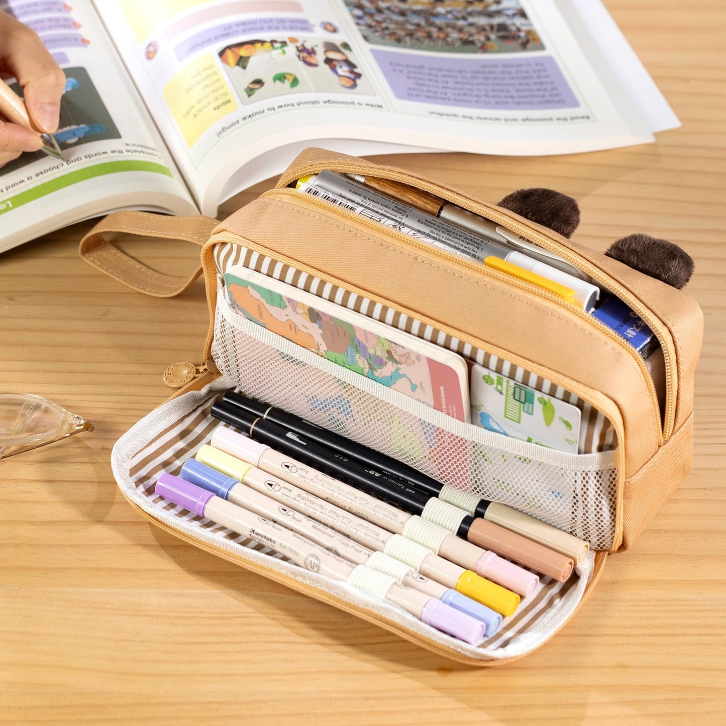 CICIMELON Cartoon Pencil Case, Large Capacity Pen Pouch with Embroidered Animal Design, School Supplies Bag for Kids, Teens, Students (Brown Capybara)