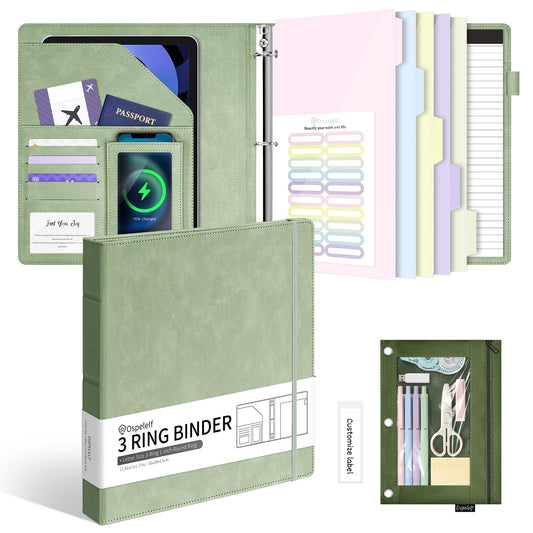 Ospelelf Leather 3 Ring Binder for Letter Size Documents with Pocketed Dividers, 1 Inch Round Rings, Holds 175 Sheets, Binders with Storage Bag & Notepad, for Office School Home Organization, Green