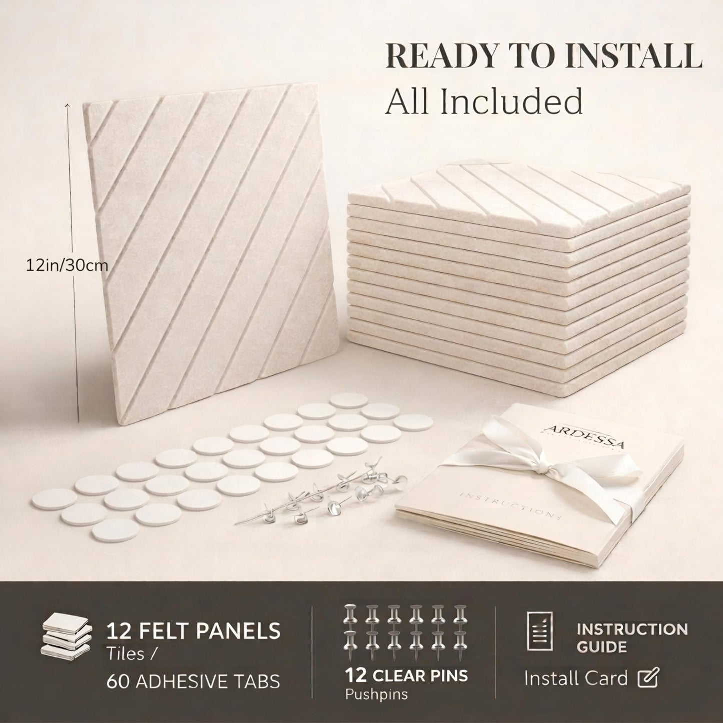 Felt Bulletin Board for Wall – Diagonal Slat Pinboard Tiles, Cork Board Alternative, 36x48in, Push Pins & Adhesive Tabs, Home Office & Classroom, 12-Pack (Warm Ivory)