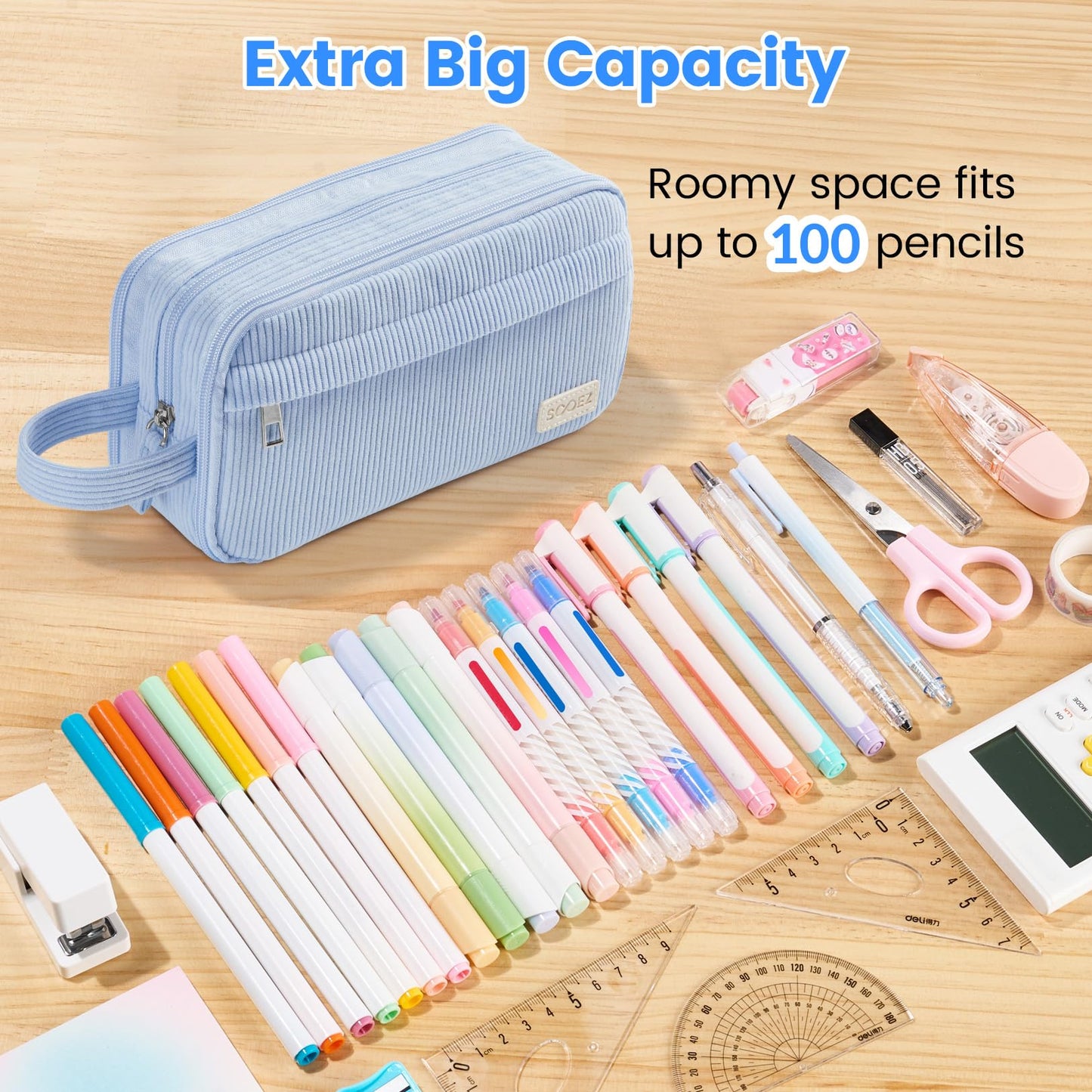Sooez High Capacity Pencil Case, Soft Corduroy Pencil Pouch with 4 Compartments, Multiple Pockets, Large Pencil Bag with Sturdy Zipper, Cute Pencil Case Pouch Organizer for Student Teen Girls, Green
