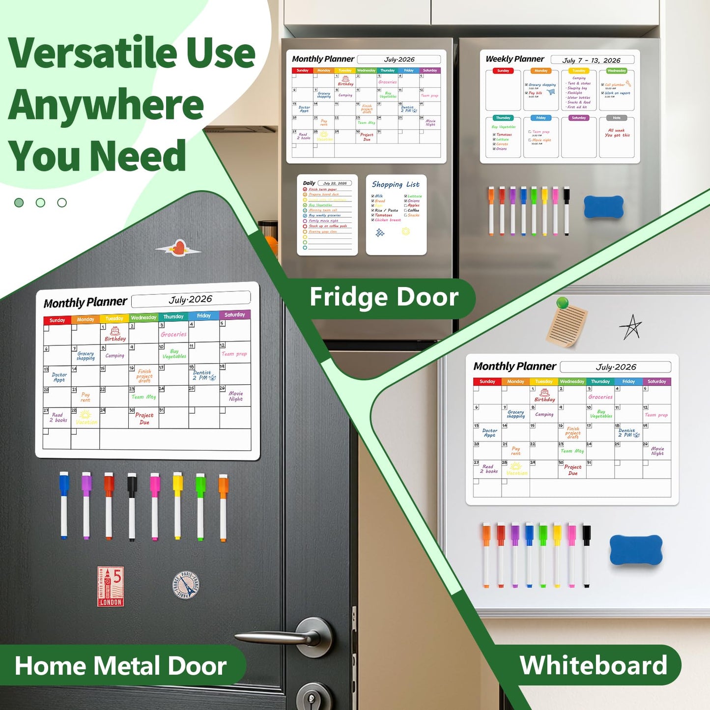 FINDMAG 4 Pack Magnetic Whiteboard for Fridge, 16.5"x11.8" Magnetic Calendar for Planner 2026, Kitchen White Board, Fridge Calendar for Cleaning Schedule and Checklist(1 Eraser, 8 Markers)