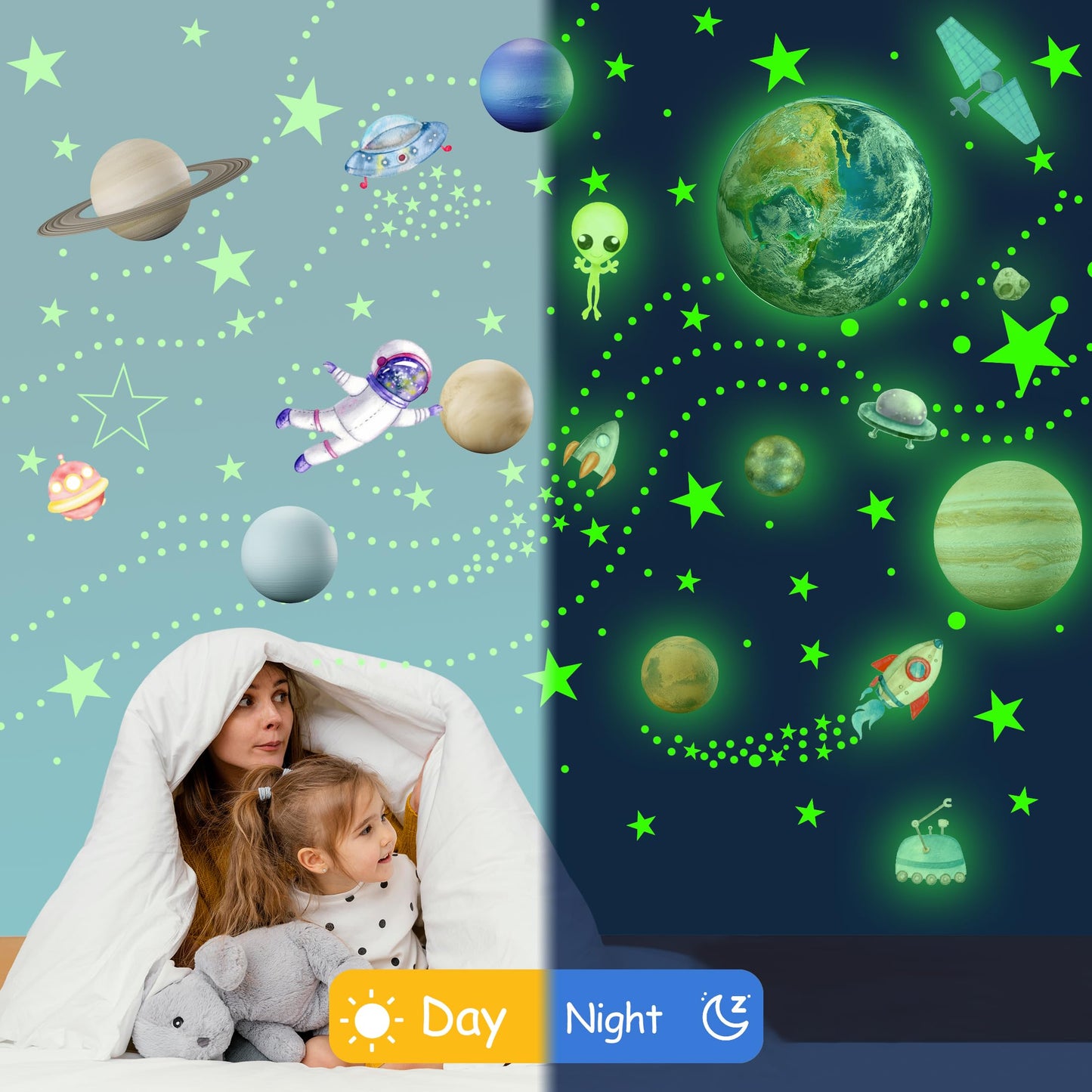 Glow in The Dark Stars Solar System Wall Decals, Star and Planets Stickers for Ceiling, Kids Wall Sticker Space Room Decor (Green)