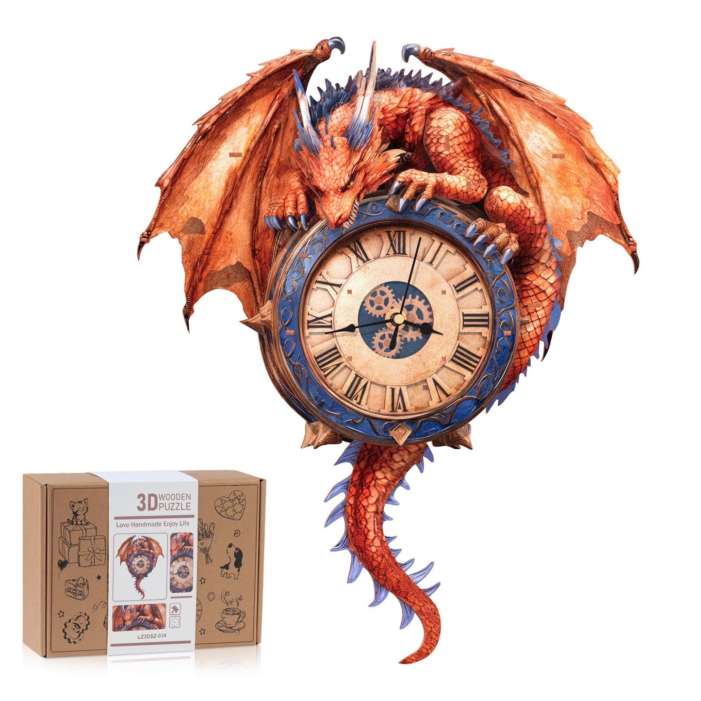 Rnfinewow 3D Puzzles for Adults, 3D Puzzle Fiery Dragon Clock Kit (with Pendulum), Wooden Puzzles for Adults Home Decor DIY Clock Crafts for Adult Puzzle Gifts for Men Women