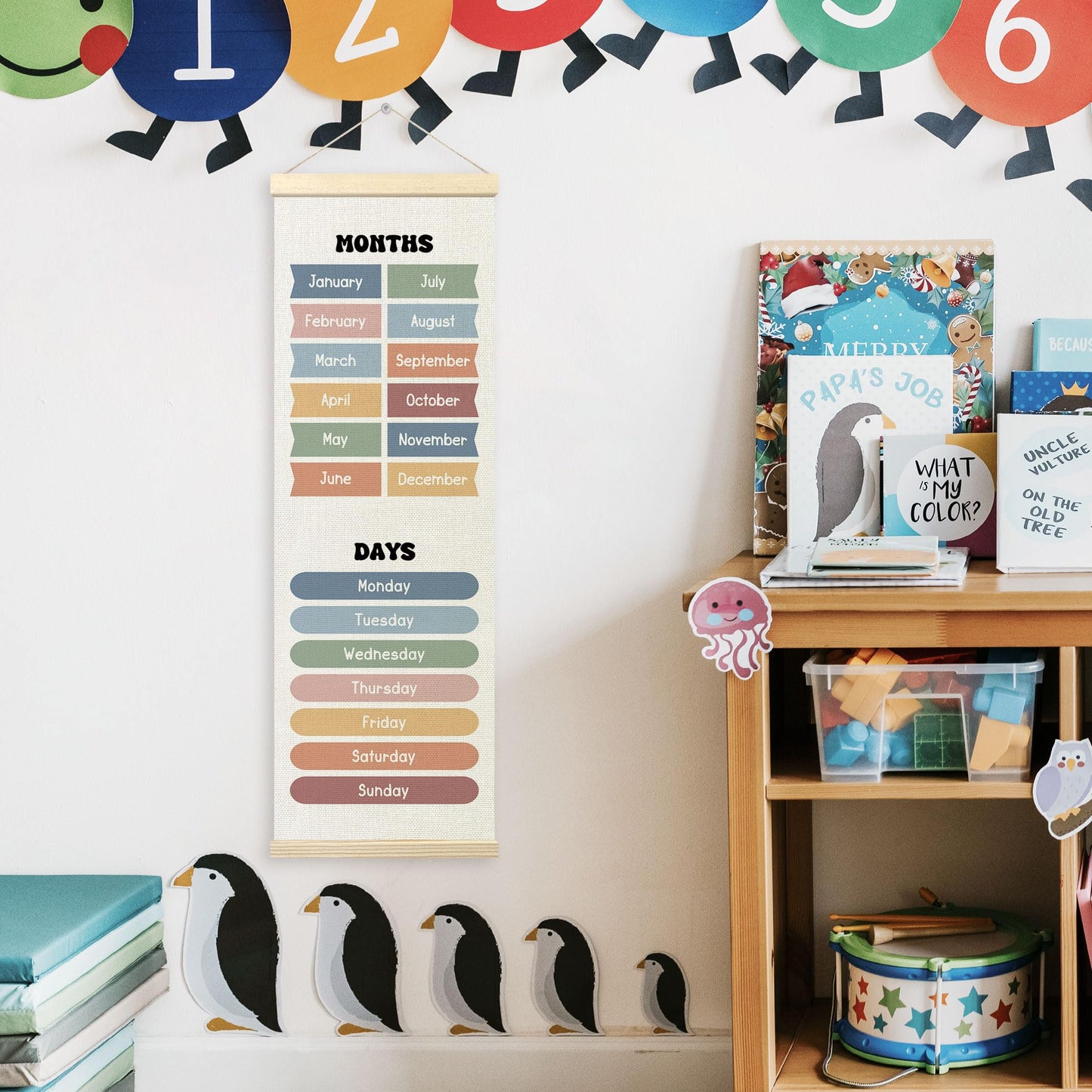 TLESKE Months of the Year Days of the Week Classroom Wall Art Poster, Educational Wall Decor Hanging Poster with Hanger Frame for Classroom, Toddlers Kids Wall Prints Picture Framed Banner, 12x35
