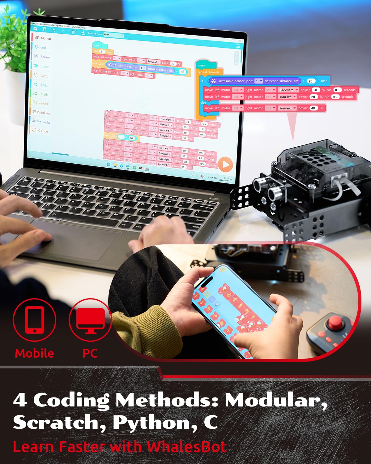 WhalesBot Rocky Coding Robot Car Kit for Kids 8-12 12-16, STEM Educational Engineering Toy, Scratch Python C Programming & Remote Control, Science Gift for 8 9 10 11 12+ Year Old Boys Girls