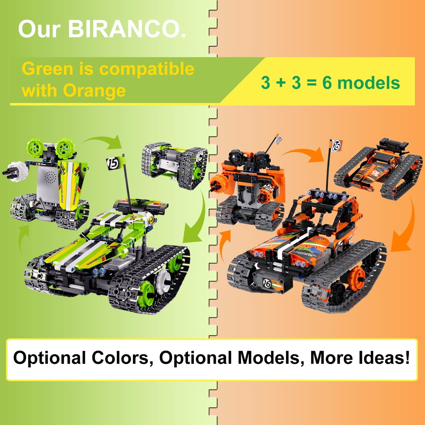 BIRANCO. Remote Control Tracked 3in1 Stunt Racer Building Kit - RC Car STEM Construction Toy, Gift Idea for Kids, Boys and Girls Ages 8-12 Year Old (353 Pcs)