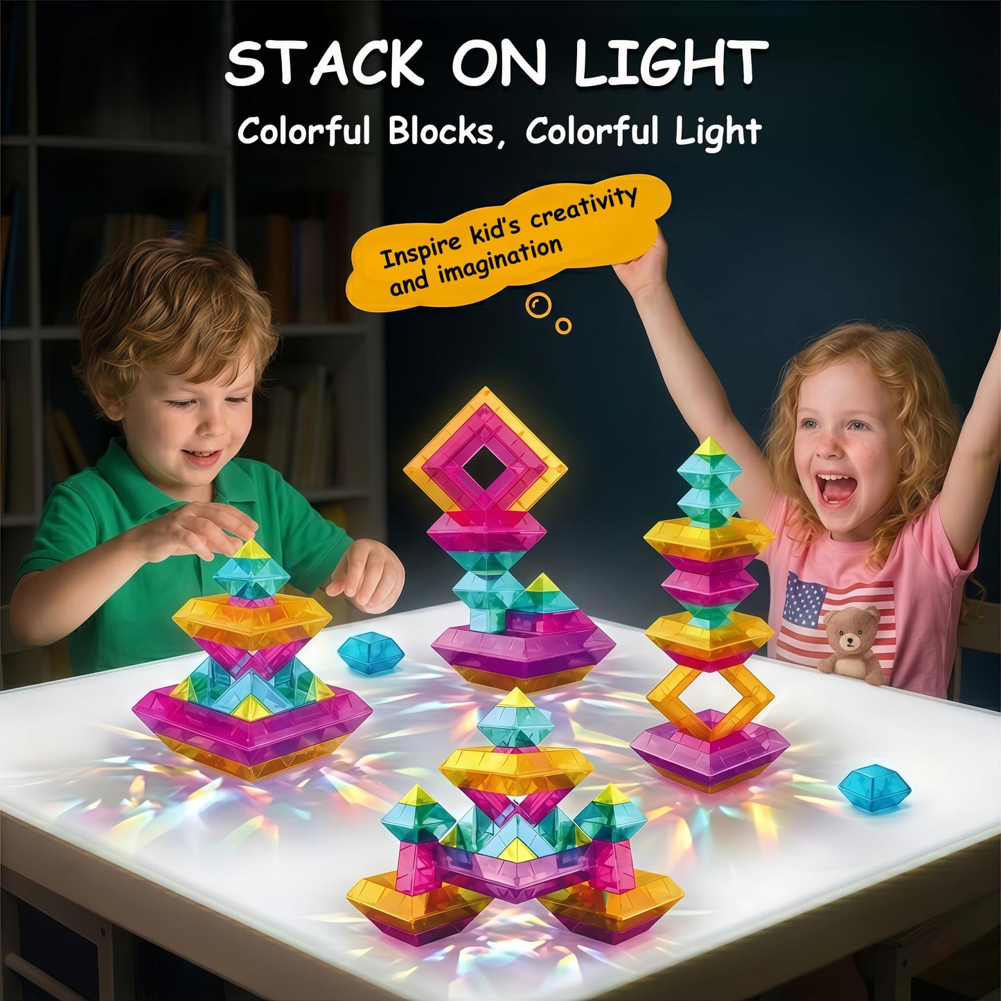 48 PCS Sensory Stacking Blocks, Light Table Compatible Building Blocks, STEM Educational Learning Resources for Toddlers Boys Girls Ages 3+