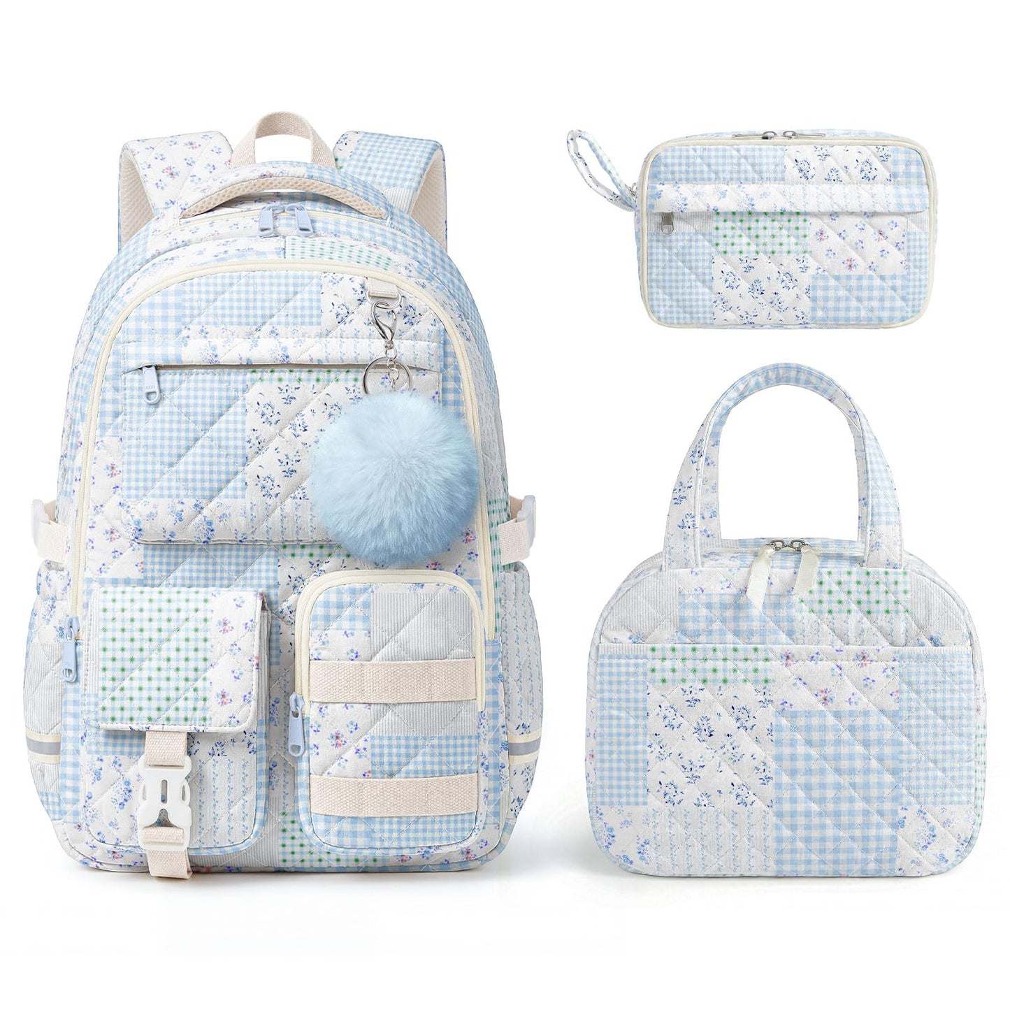 WOBAGMEN 3Pcs Quilted Backpack Set For Girls, Cute Floral School Backpack with Insulated Lunch Bag & Pencil Case, Aesthetic Bookbag Set For Teens College Students, Back To School（Green Blue Patchwork）