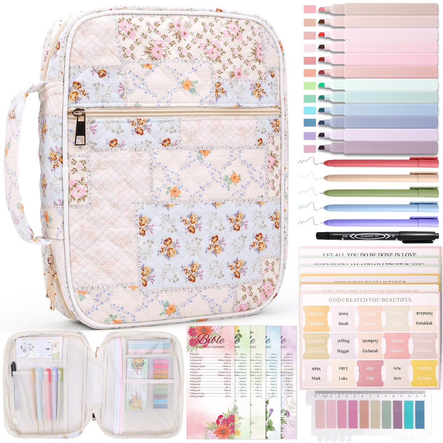 XKDOUS Bible Cover Case for Women Large Bible Bag w/Handle, Tabs, Pens, Study Supplies Organizer Journaling Kit Quilted Book Carrying Case Christian Gifts for Mom, Lady, Friends