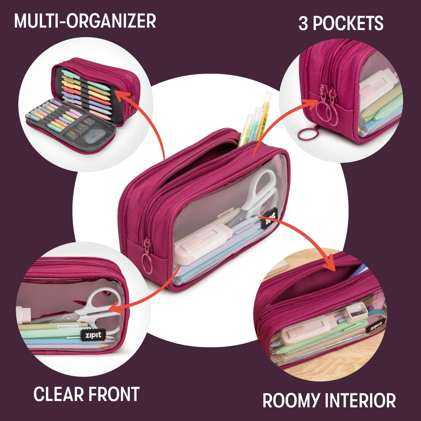 ZIPIT Half & Half Pencil Case for Girls, 3 Compartment Zipper Pouch for School, Stationery Bag for Teen and Adults, Pink
