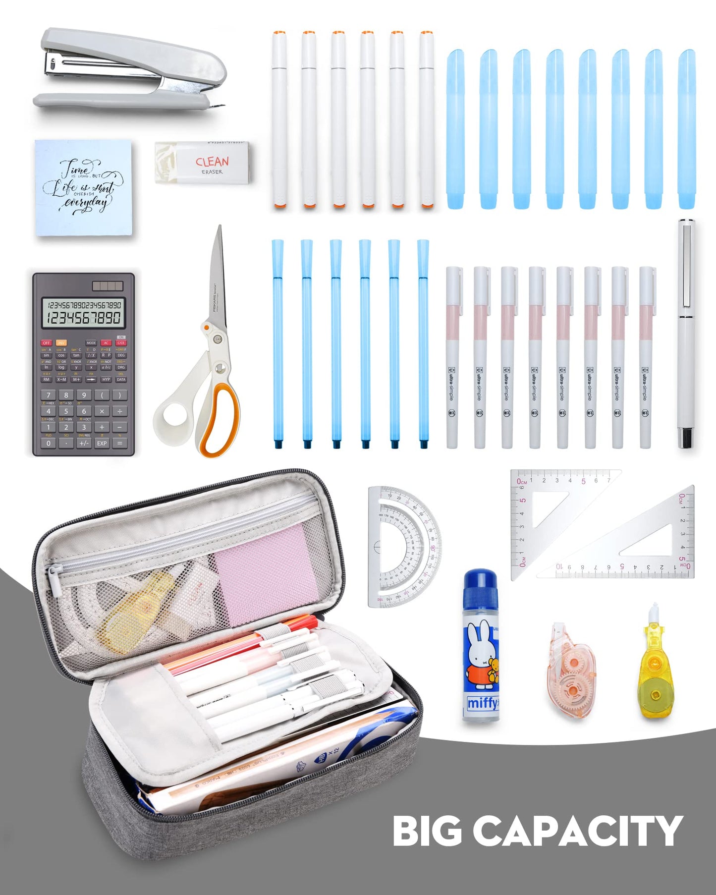 YOKUMA Pencil Case,Large Capacity Pencil Pouch,Aesthetic Zipper Pencil Box, Back to School Supplies for College Students Teen Adults,Travel Essentials,Electronic Cable Organize (Grey)