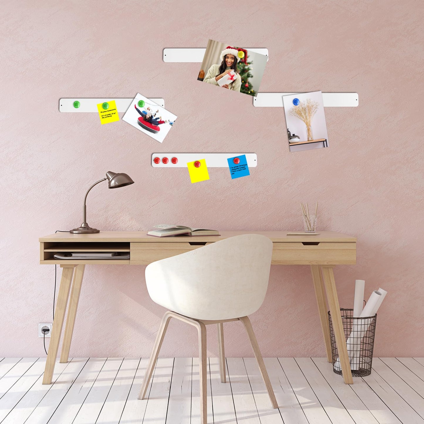 Outus 6 Pcs 15" x 2" Magnetic Wall Strips, Magnetic Bulletin Board Strip Set with 48 Pcs Colorful Magnets, Metal Display Board for Office Home Notes Photos(White)