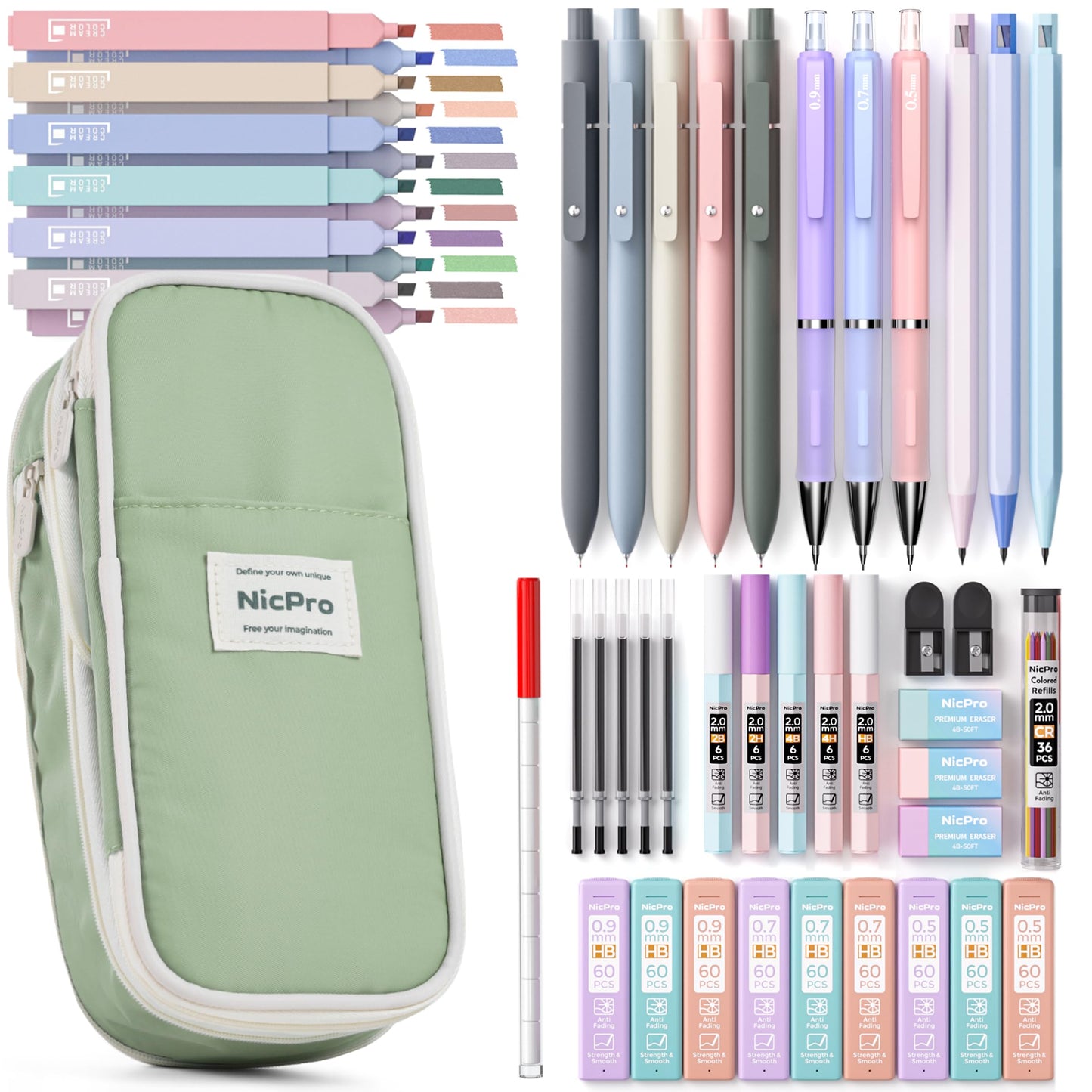 Nicpro 50PCS Aesthetic School Supplies with Cute Pencil Case, 5 Quick Dry Black Ink Pens, 12 Pastel Highlighters, 6 Mechanical Pencil 0.5, 0.7, 0.9 & 2.0 mm for Students Stationary College Essentials