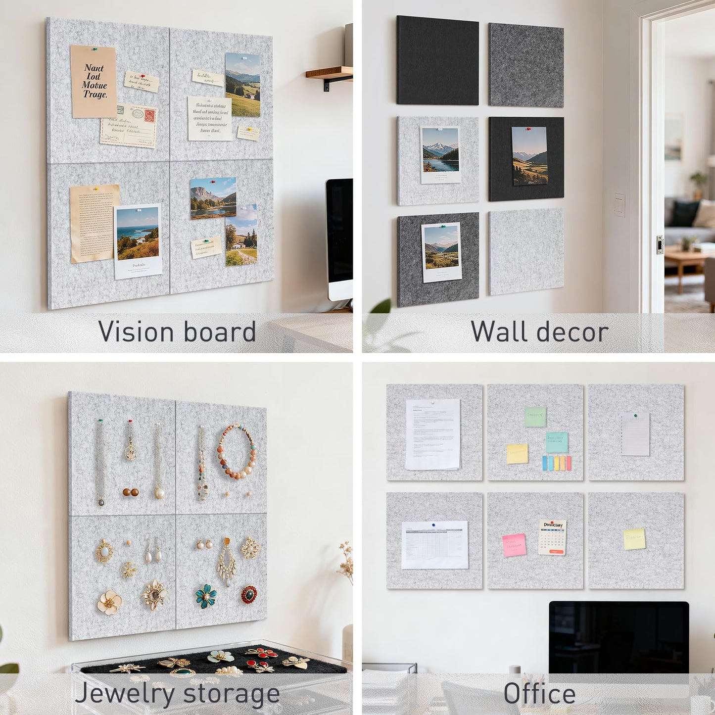 QUEENLINK Large Cork Board 36"x24", 6-Pack Self-Adhesive Felt Bulletin Board Tiles with 60 Push Pins, Square Felt Wall Panels Pin Board Tack Board Wall Organizer for Home Office Decor, Light Grey