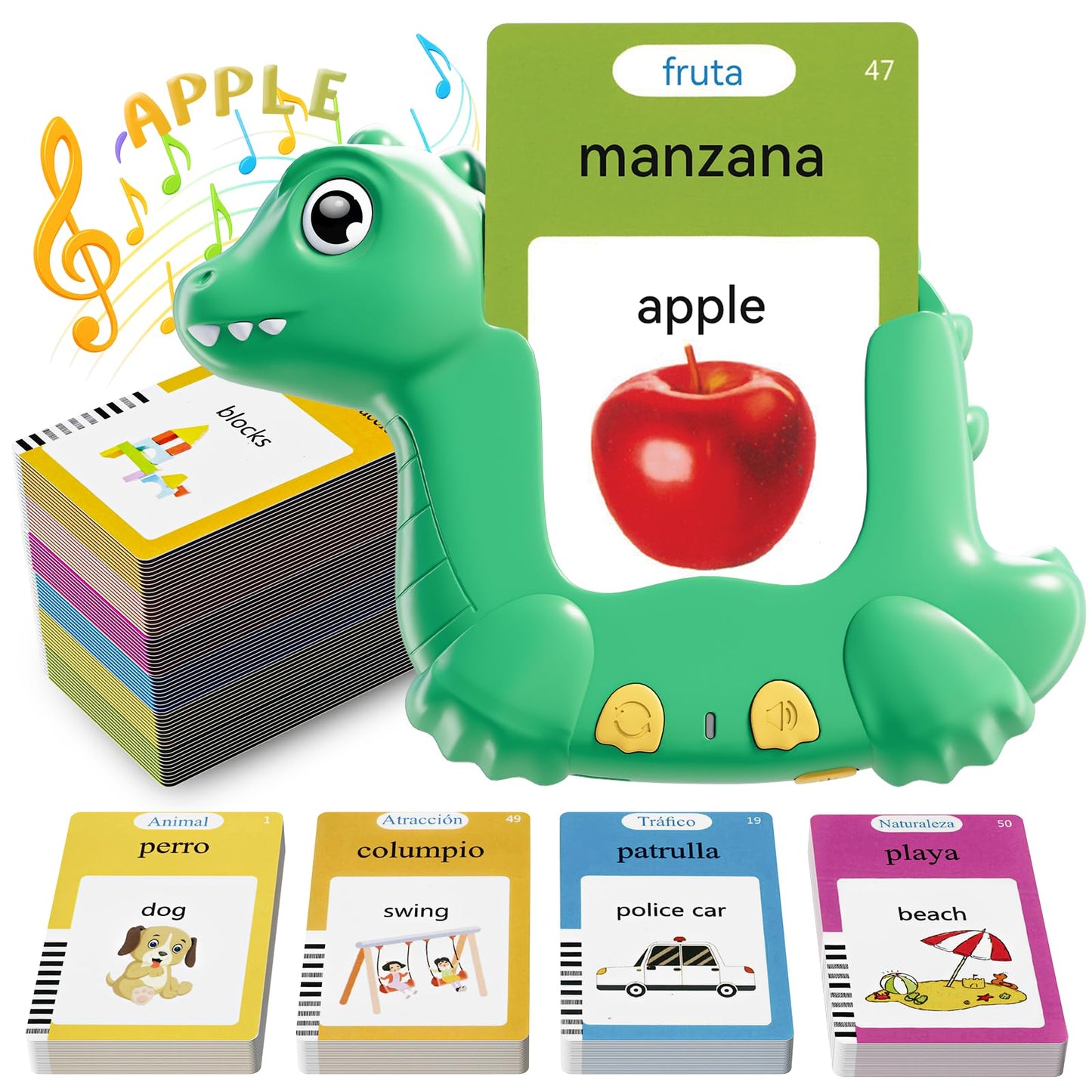 Spanish and English Talking Flash Cards for Toddlers with 510 Sight Words, Dinosaur Shaped Bilingual Buddy Pocket Speech Therapy Autism Toys, Educational Learning Toys Gift for Kid Boys Girls